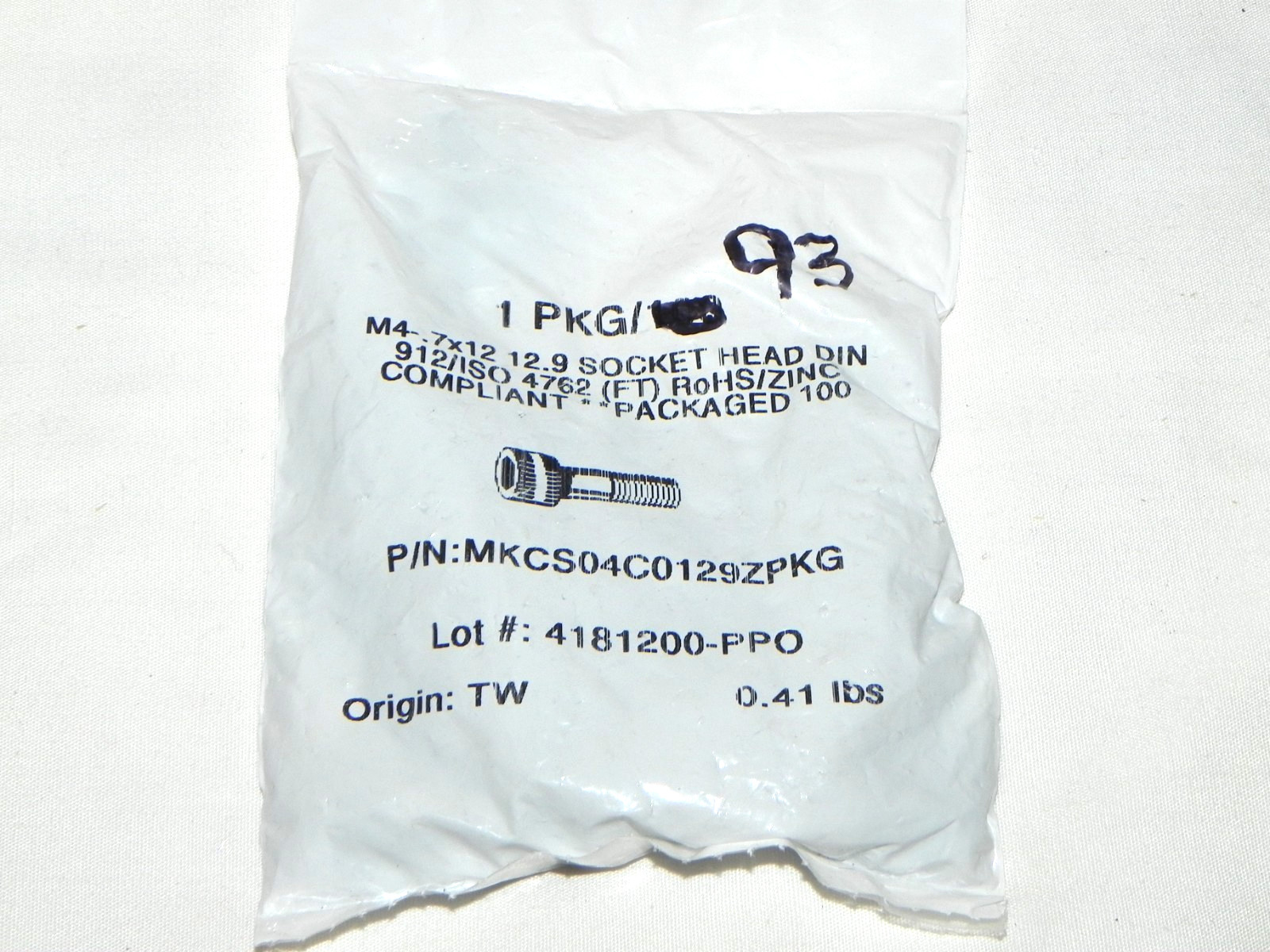 93) M4x12mm Metric Socket Head Cap Screw DIN 912/ISO 4762 (FT ZC MKCS04C0129ZPKG