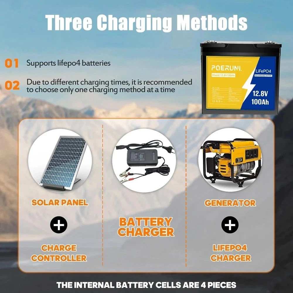 POERUNI 12V 100Ah LiFePO4 BMS Lithium Battery Deep Cycle for Marine Off-grid RV