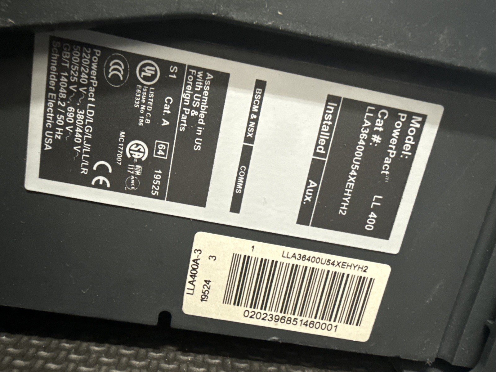 SQUARE D LL400 Circuit Breaker, PowerPacT400A, 3 pole, 600VAC, 50kA LLA36400U54X