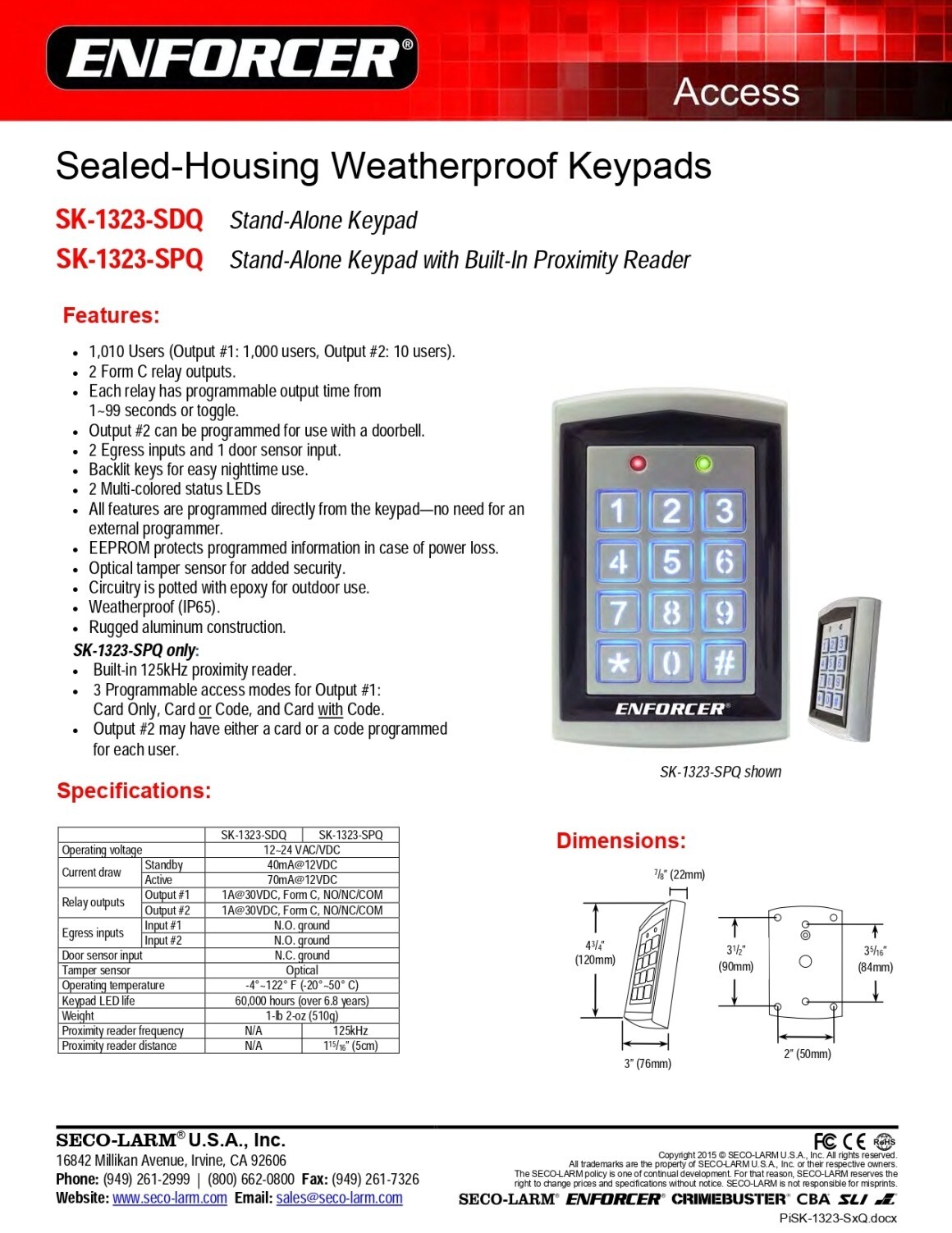 Seco-Larm SK-1323-SDQ Sealed Housing Weatherproof Stand-Alone Access Keypad
