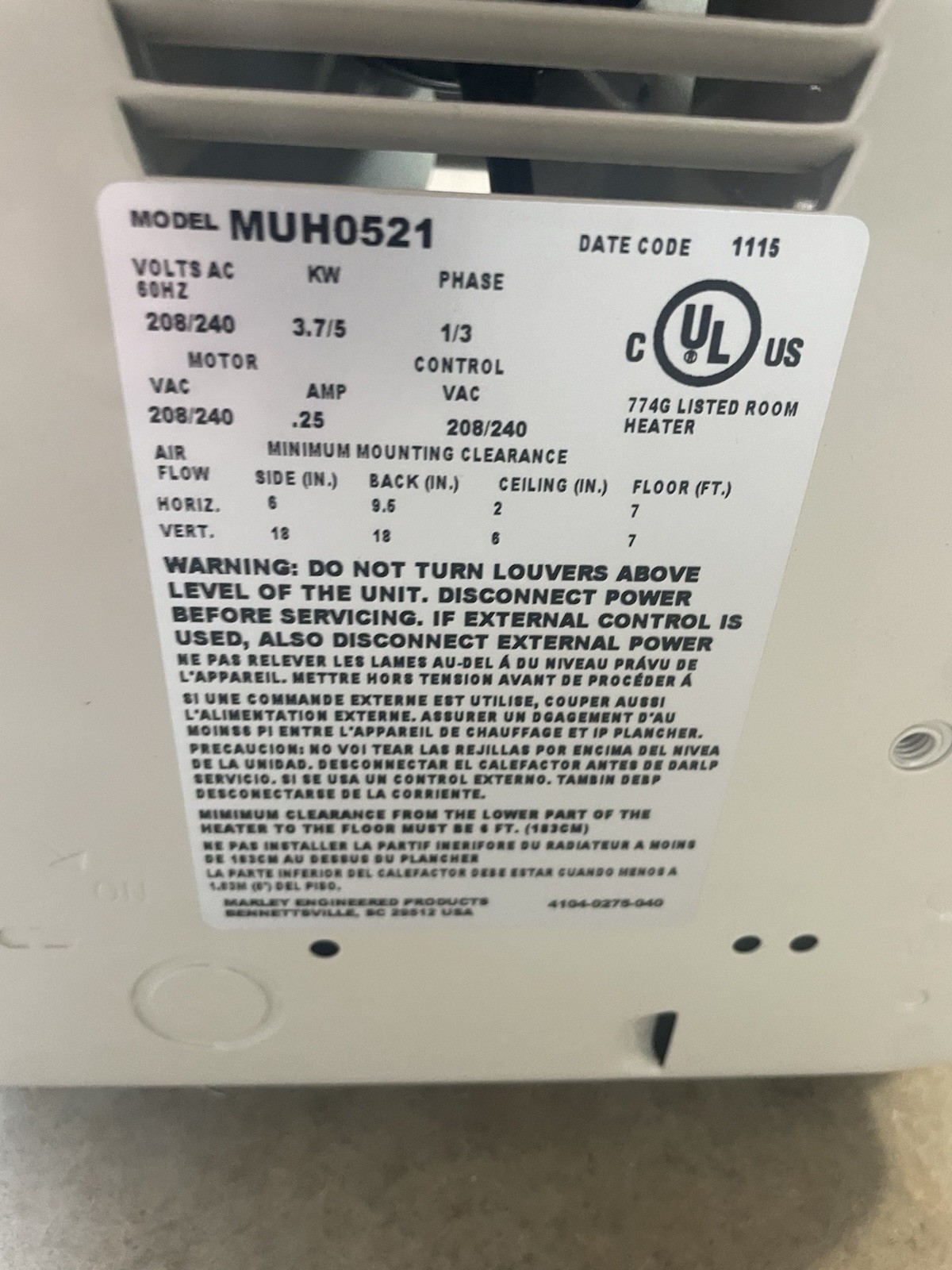 QMark MUH0521 Electric Unit Heater 208/240V 3700/5000W Wall Ceiling Forced Air