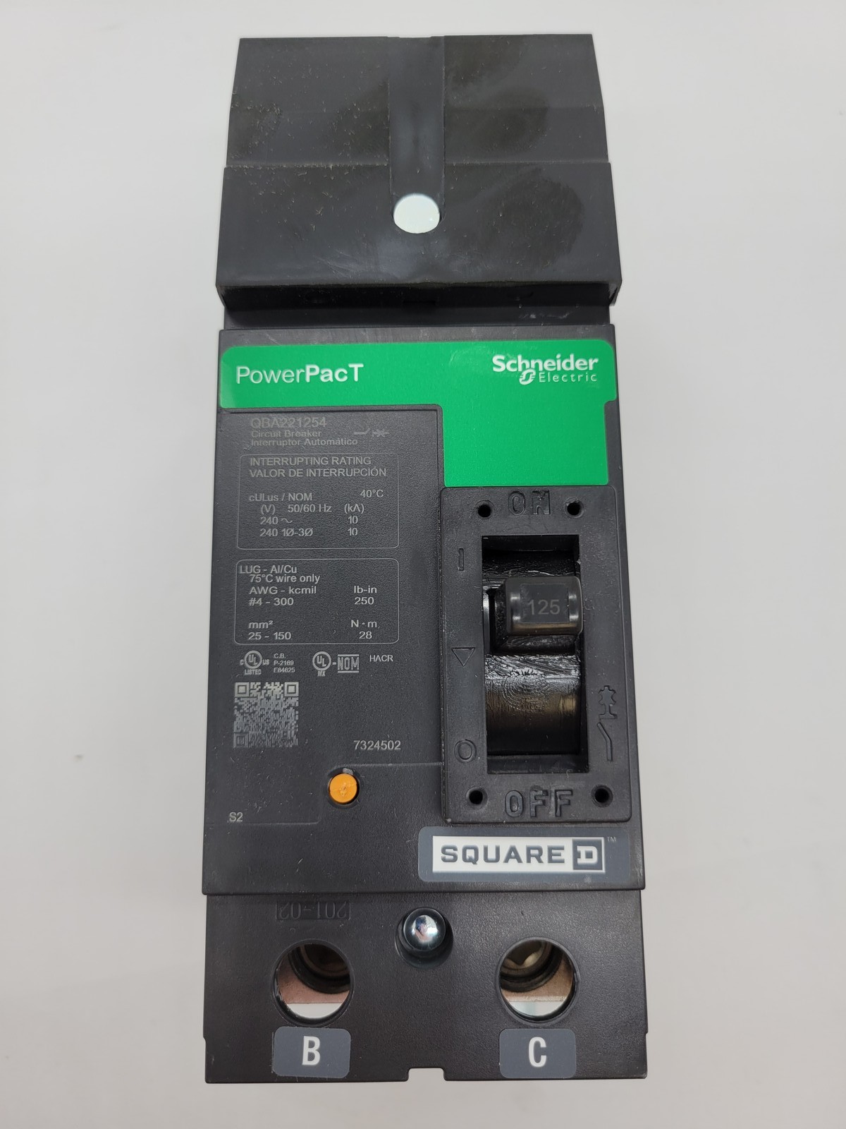 Square D QBA221254 PowerPact I-Line Circuit Breaker 125A 2P 240V 10KA QBA Green