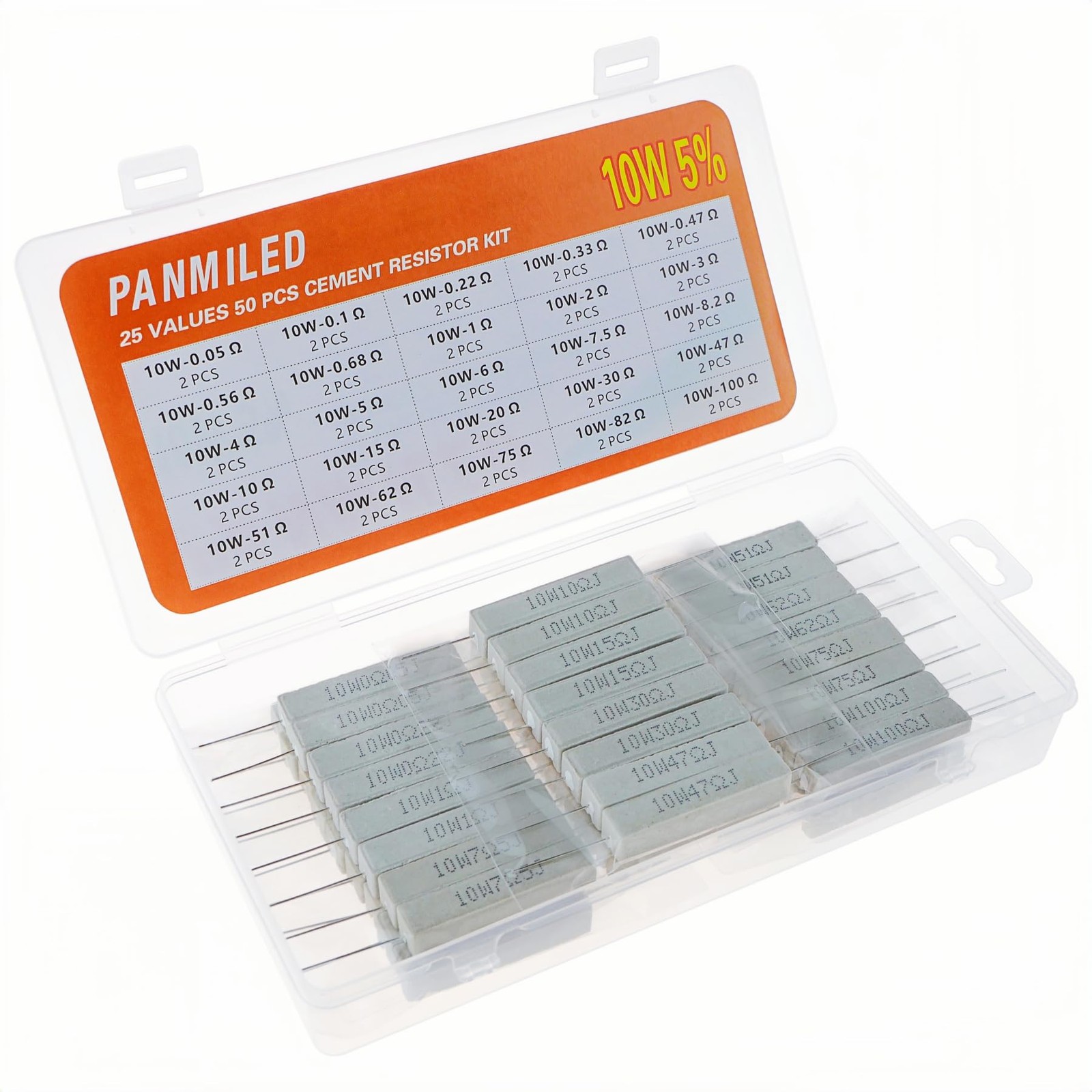PANMILED 25 Values 50 Pieces Cement Resistor KIT 10W ±5% Ceramic Power…