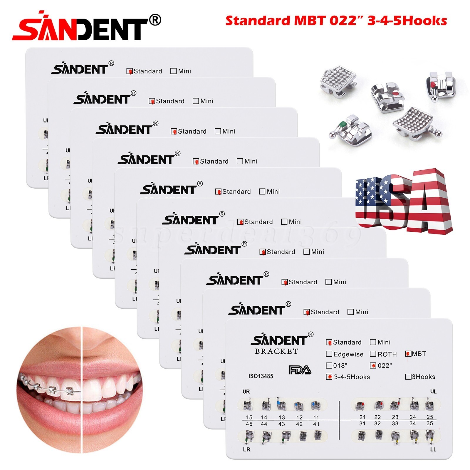 10 kits Dental Orthodontic Braces Brackets Standard MBT 022″Slot 345 Hooks YBB