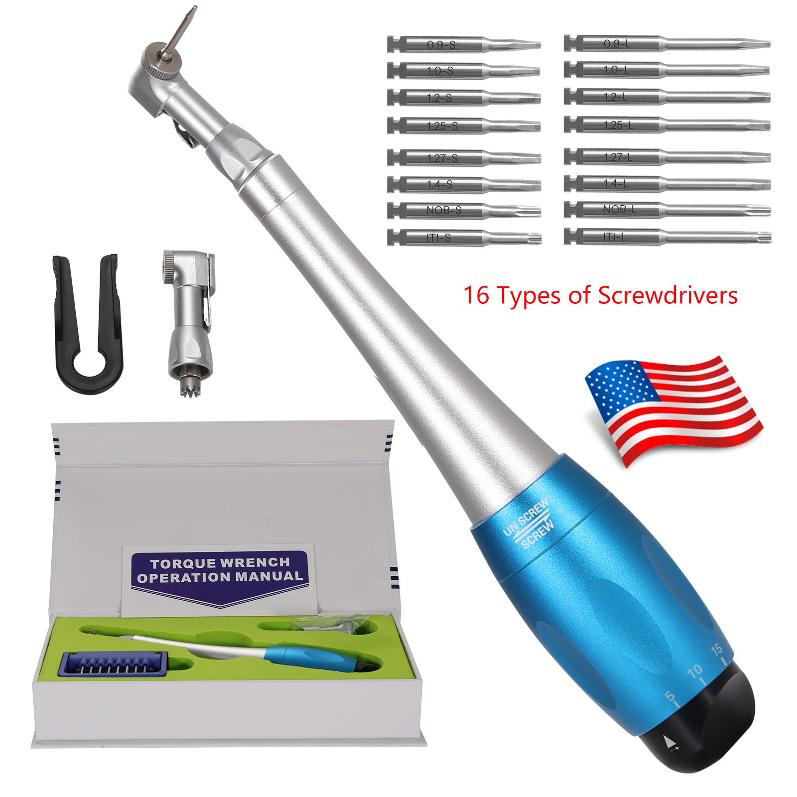 Dental Manual Implant Torque Wrench Handpiece with 16 Screw Drivers 2.35mm 2Head