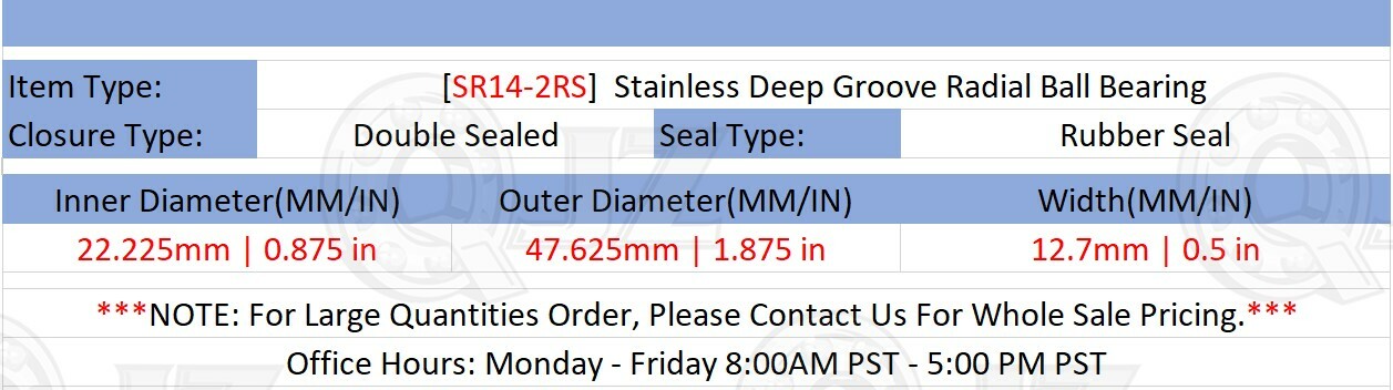 [Qty.10] SR14-2RS Stainless Ball Bearing [0.875in Bore x 1.875in OD x 0.5in W]