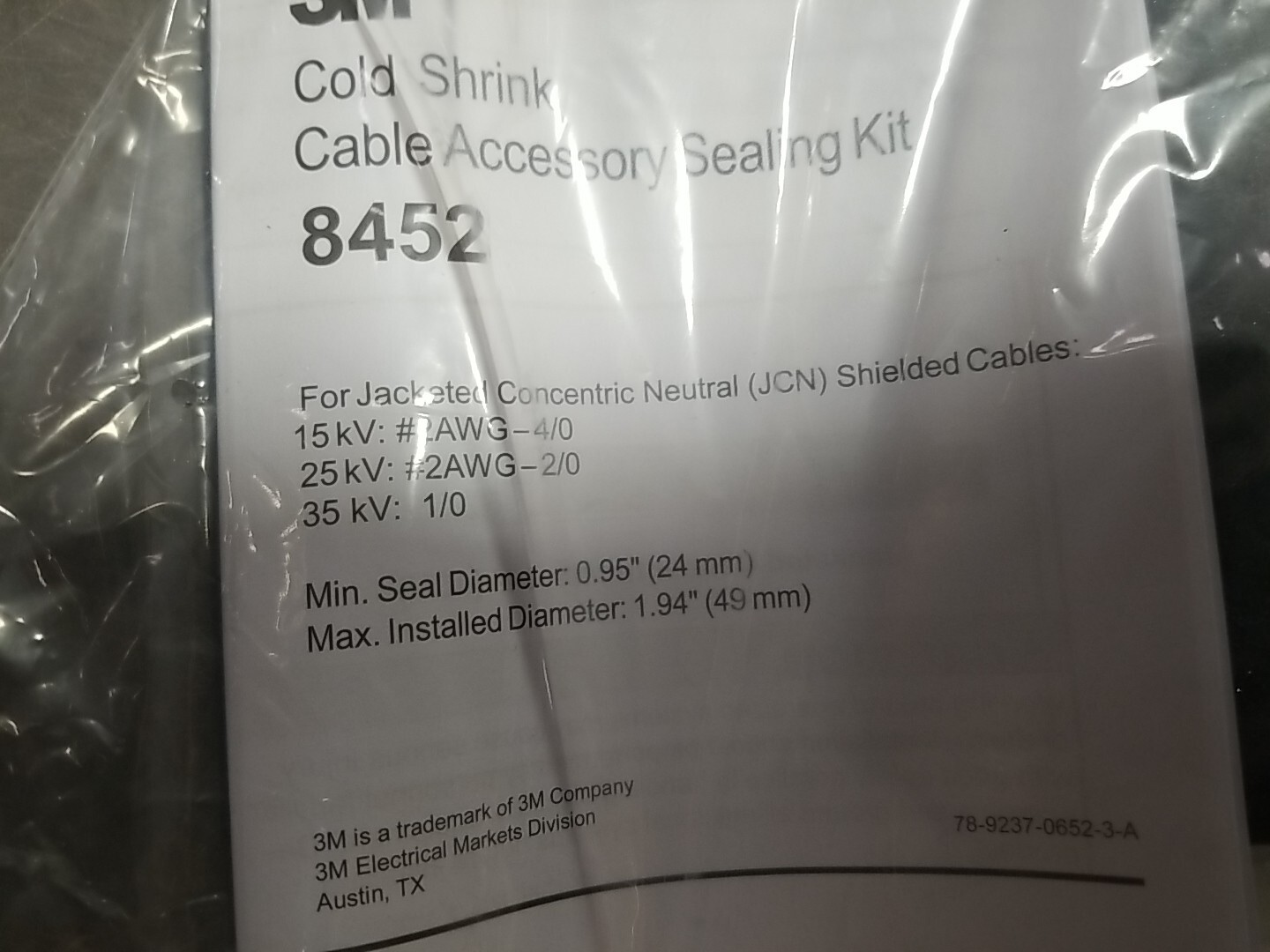 New In Sealed Plastic Bag 3M Cold Shrink 8452 Cable Accessory Sealing