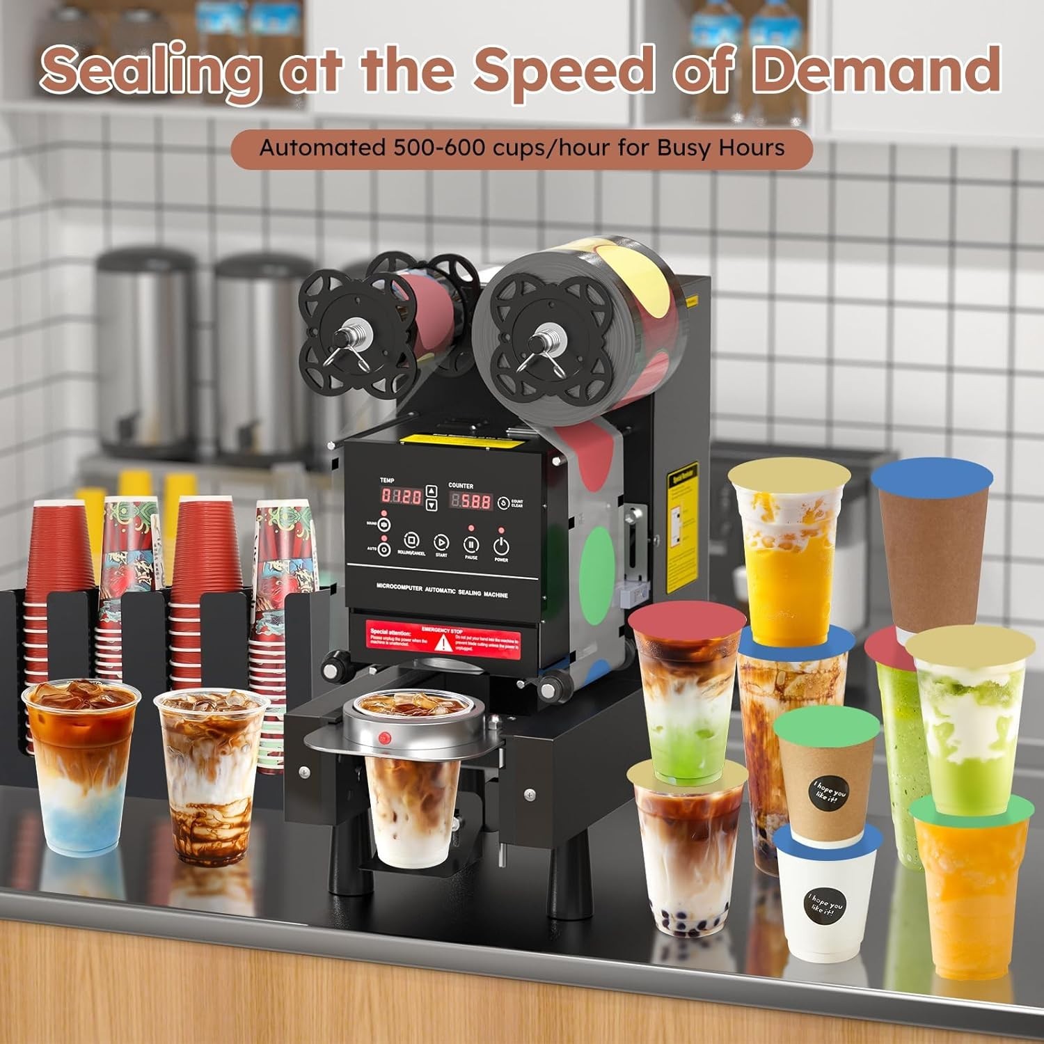 Automatic Cup Sealing Machine 600 Cups/H For 88-95mm Bubble Tea Coffee Juice