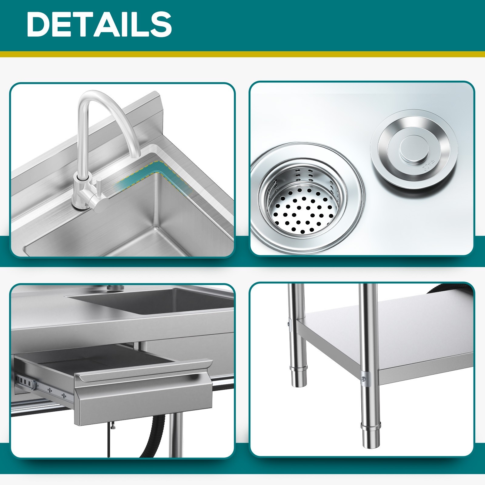 All-In-One Stainless Steel Freestanding Sink with Drawers for Laundry Room Use.