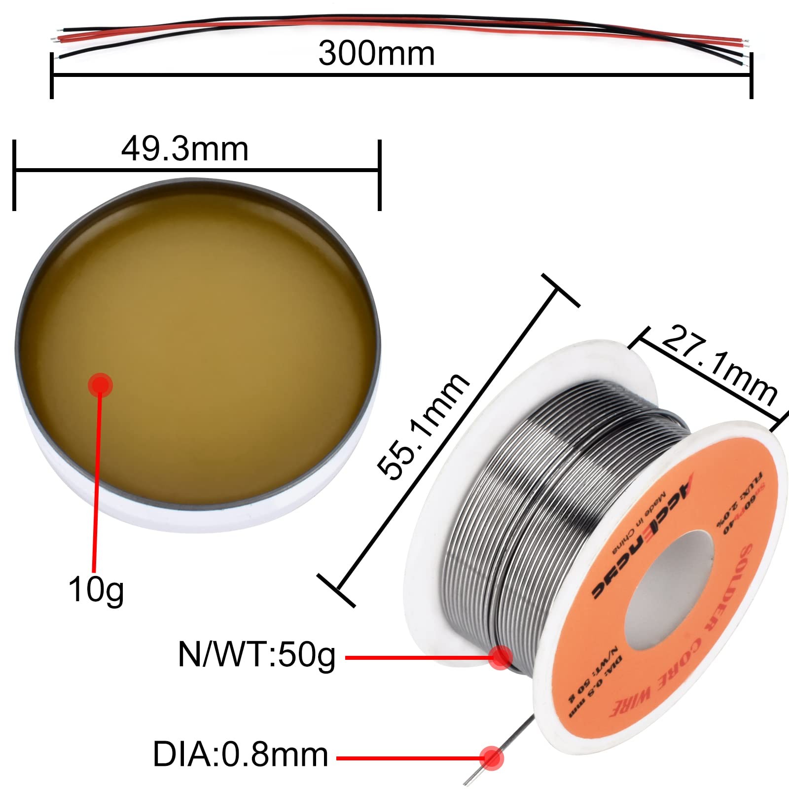 AccEncyc Solder Core Wire and Rosin Paste Flux Kit Tin Lead red, black