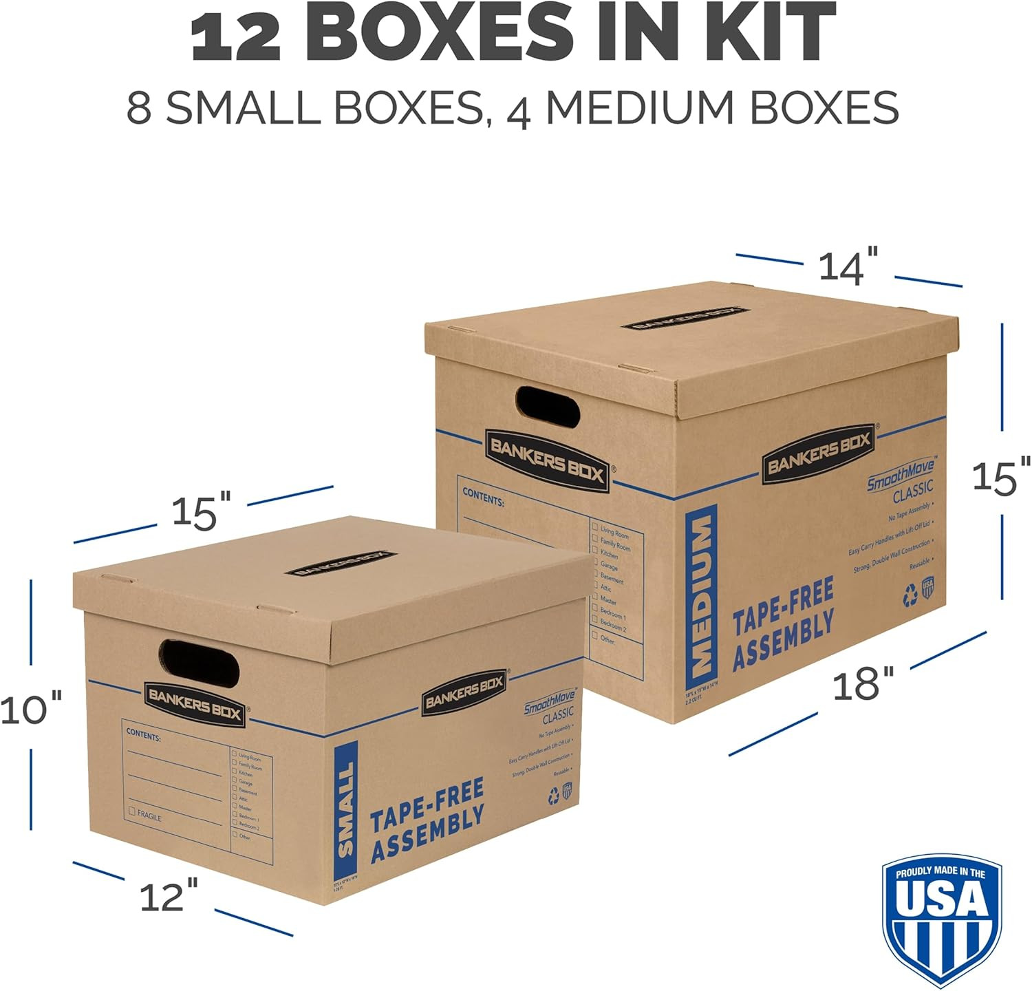 Classic Moving Box 12 Pack Kit, Reinforced Handles, Tape-Free Assembly, Box with