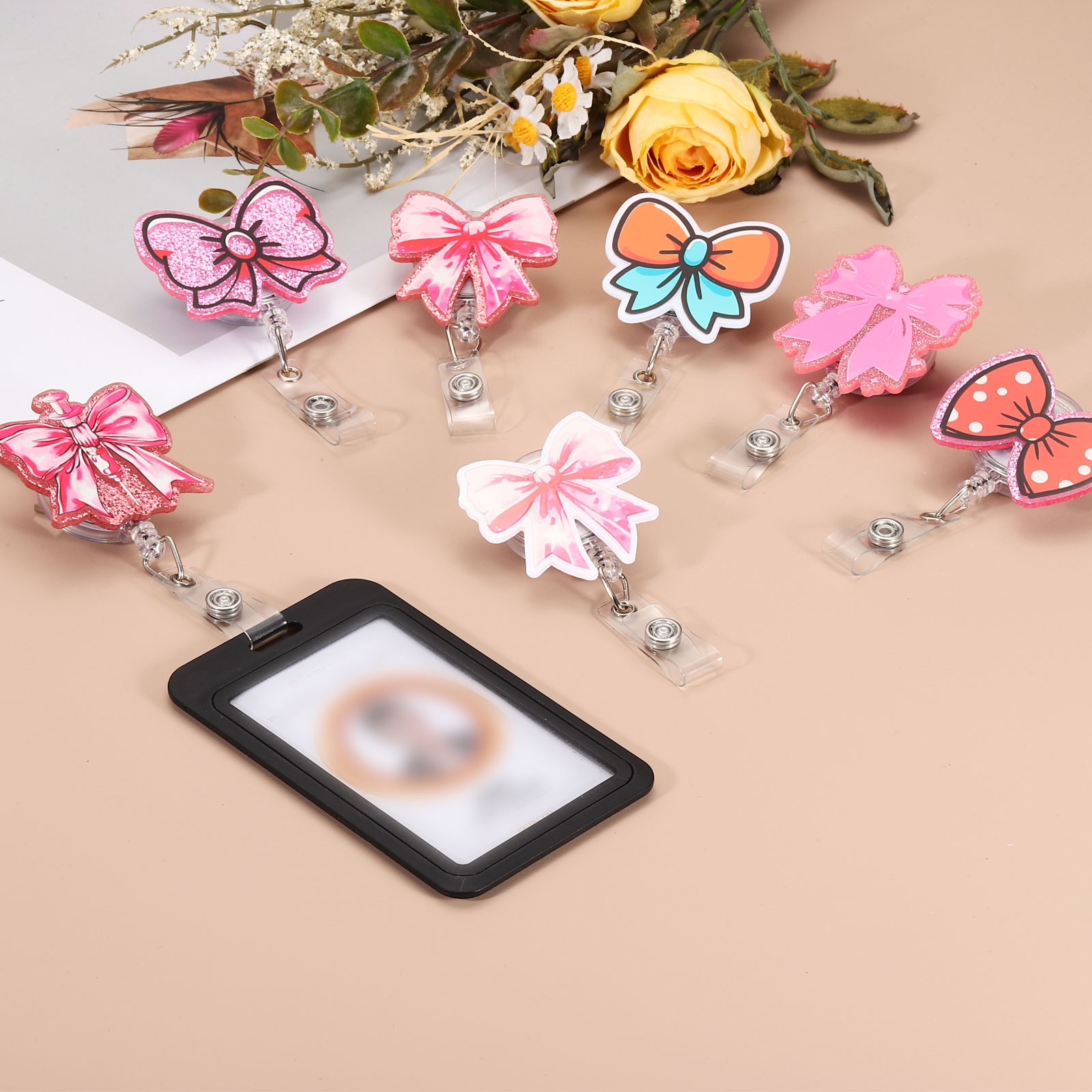 2pcs Acrylic Bow Badge Holder 2.05″x1.97″ with Retractable Cord, Pink