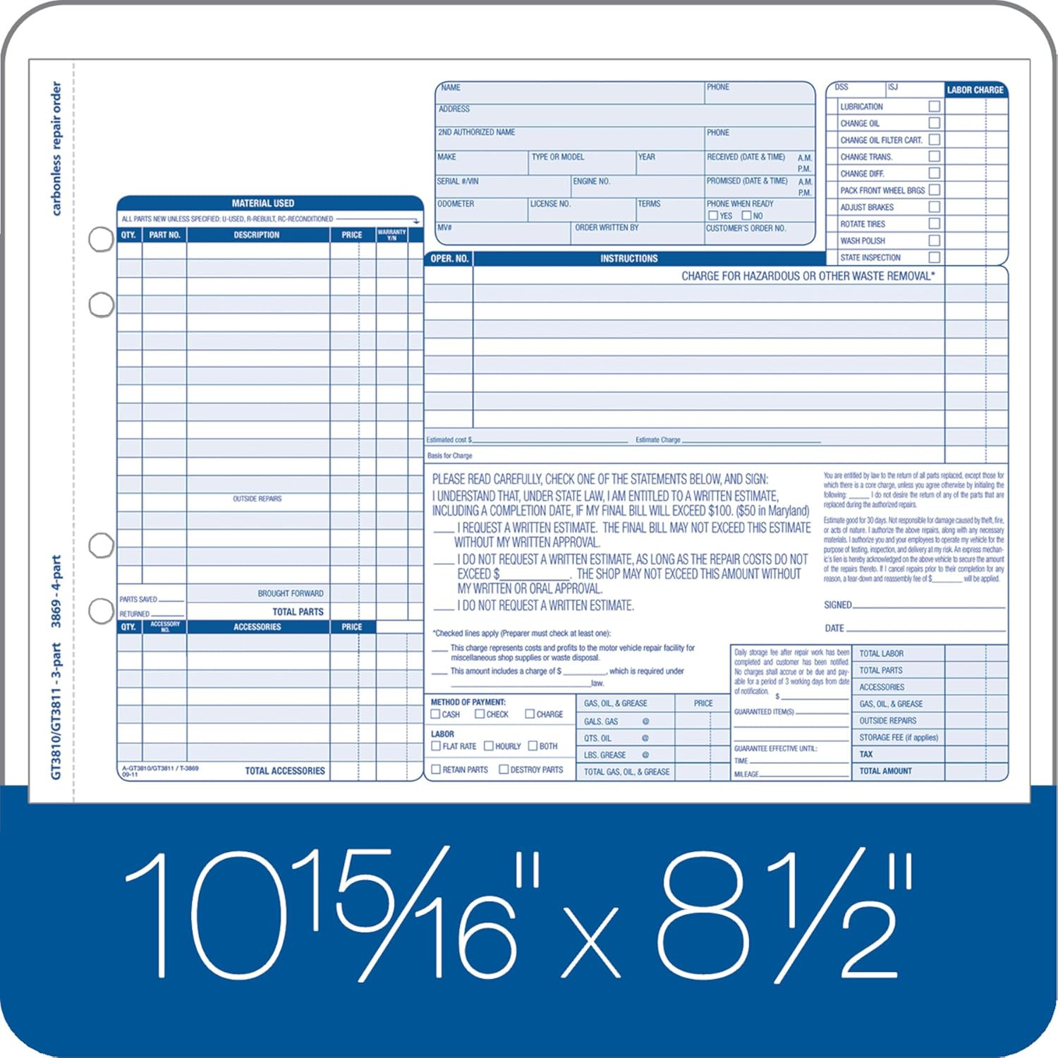 Garage Repair Order Forms, 8.5 X 11 Inch, 3 Parts, 250-Count, White and Canary a