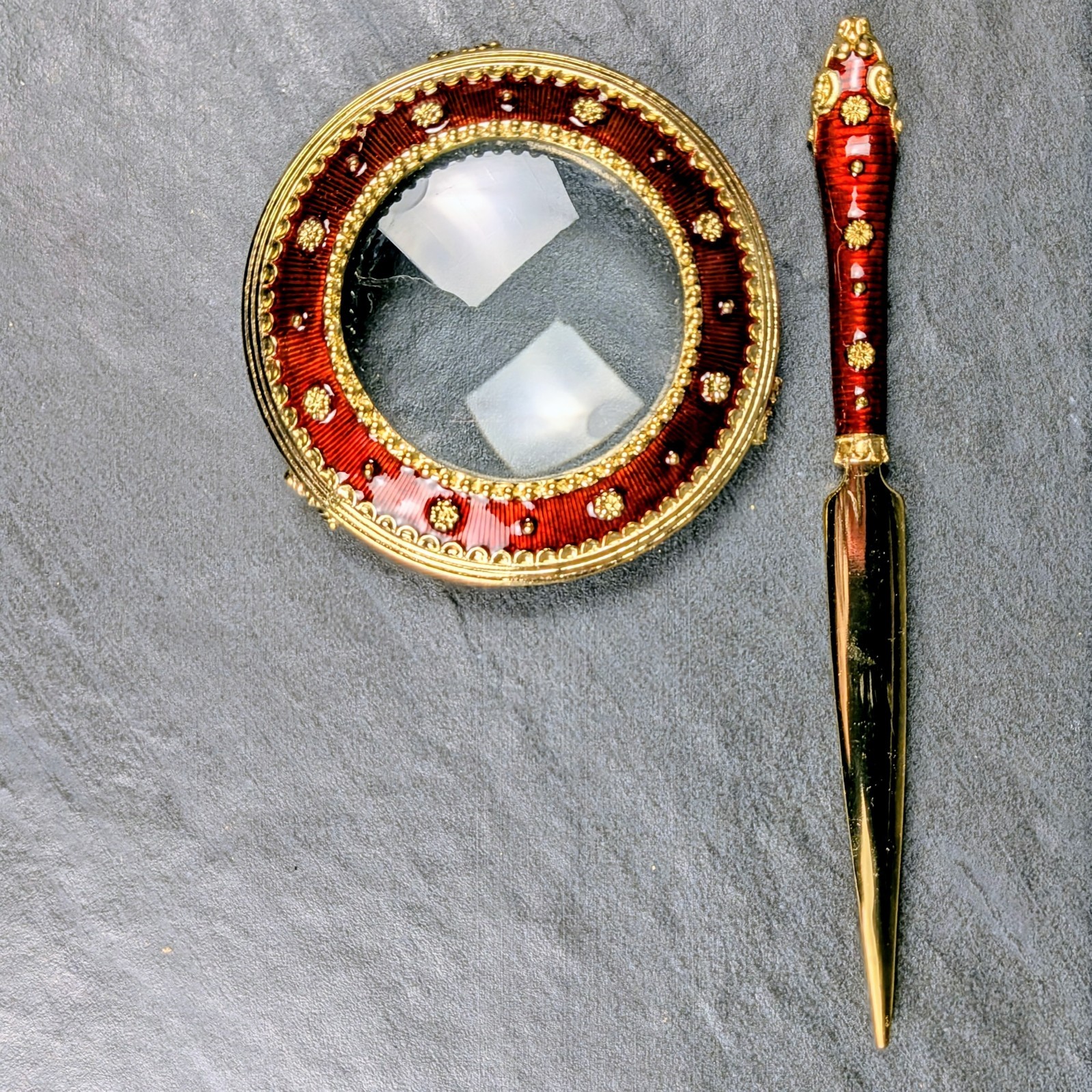 Vintage Bombay Co Red Enamel Magnifying Glass Letter Opener Set Boxed
