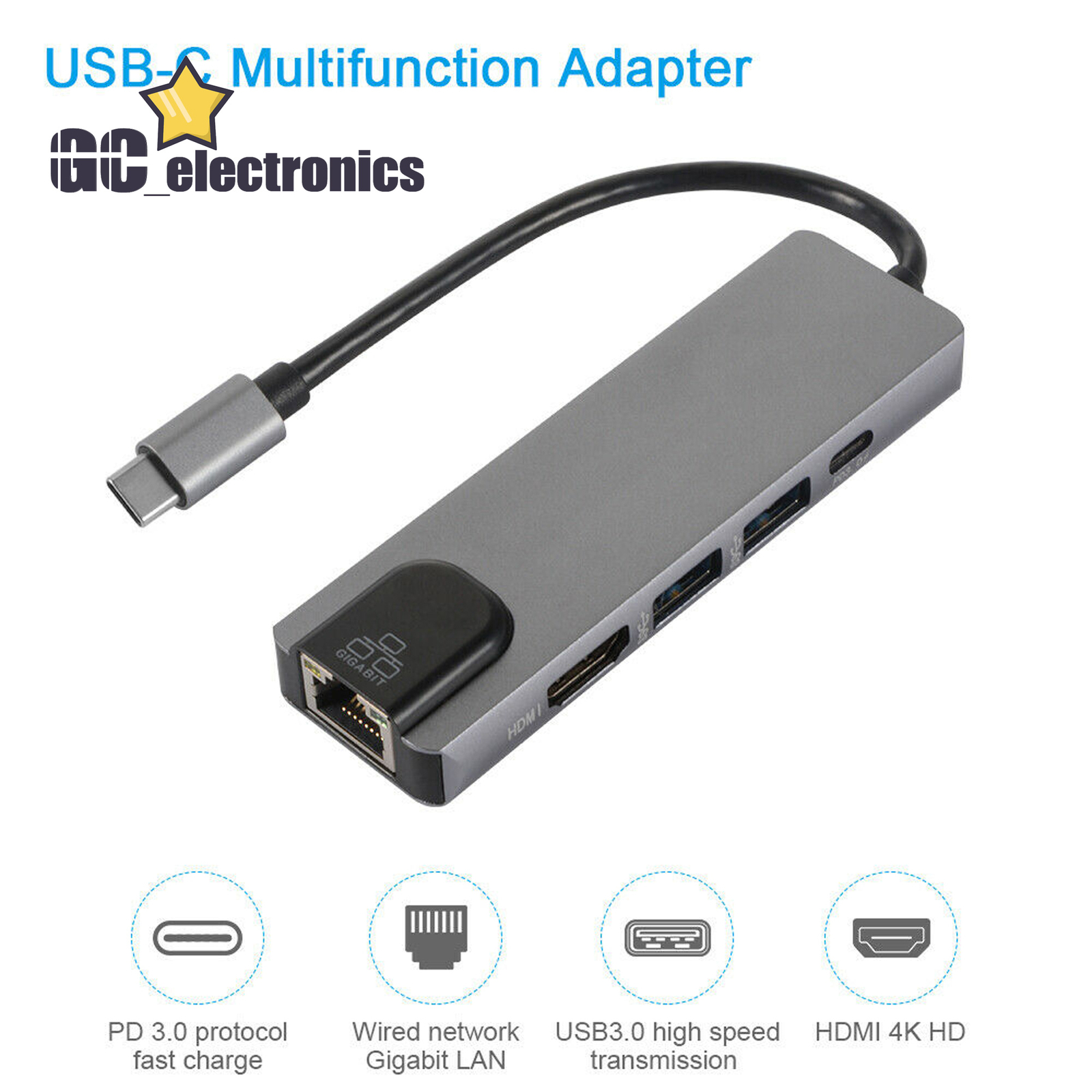 5 in 1 Type C to 4K HDMI USB 3.0 PD Charging Ethernet RJ45 Port Adapter A3GS