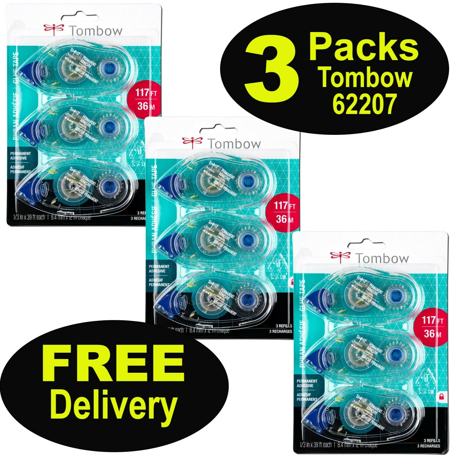 Tombow Mono Permanent Adhesive Refill 62207, 1/3″ x 39′, 3 Packs of 3 Refills