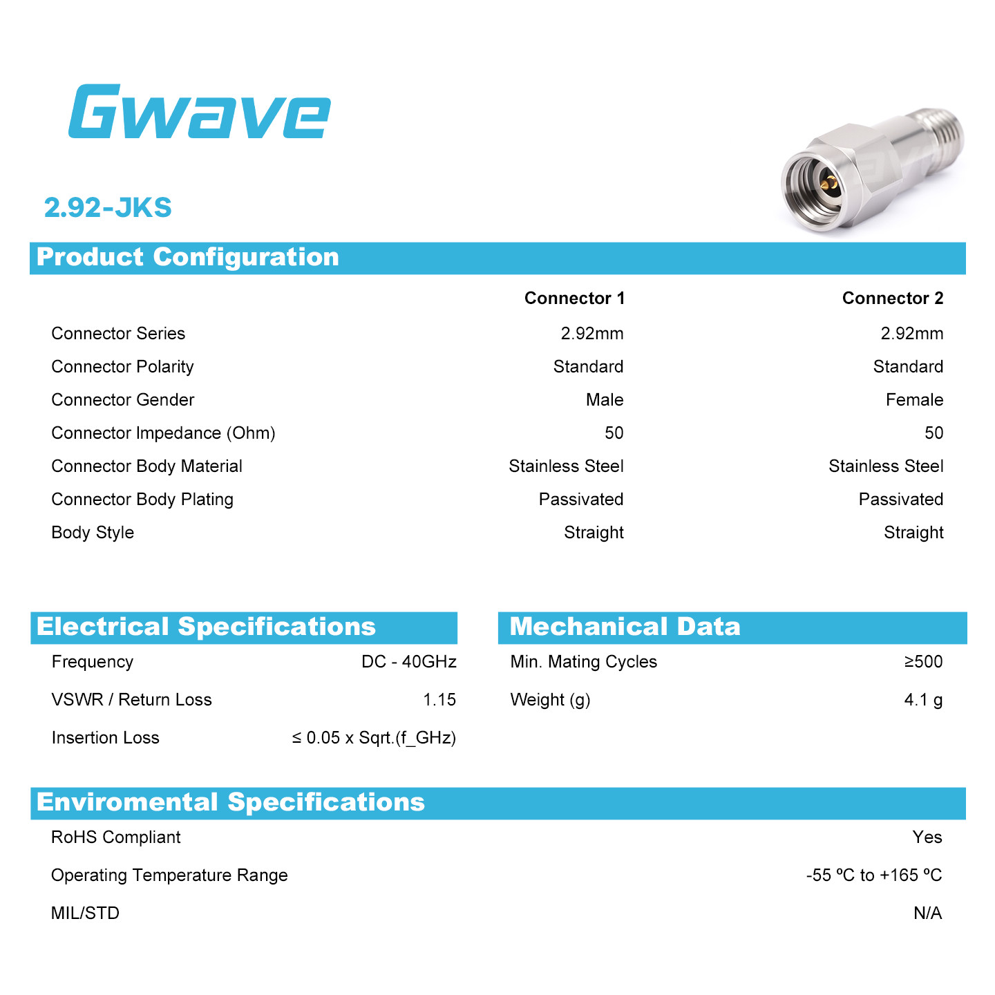2.92mm Male to 2.92mm Female Adapter, DC – 40GHz