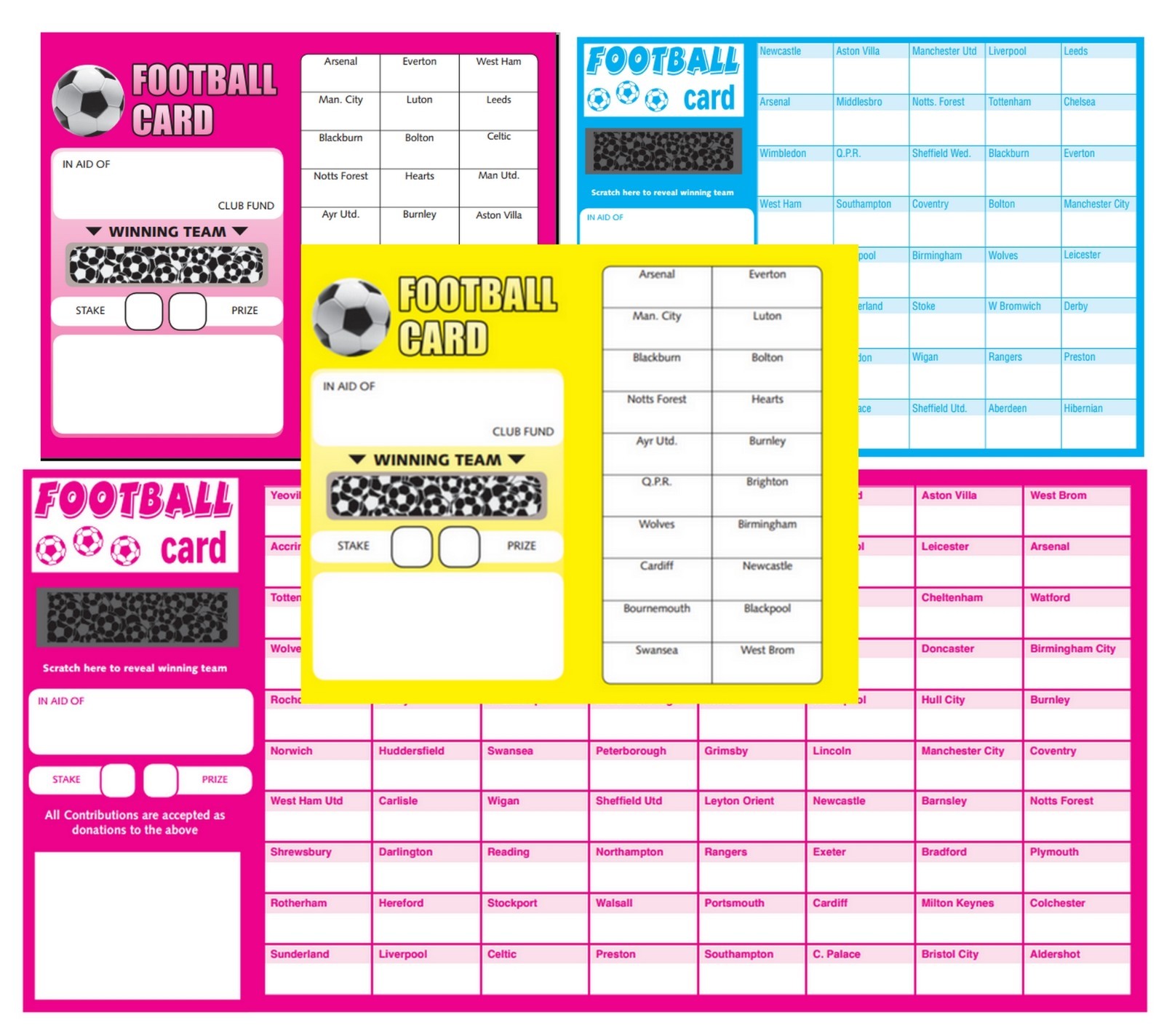 FOOTBALL SCRATCH CARDS 20 30 40 50 and 80 Team Fundraising A5 Card Charity Event