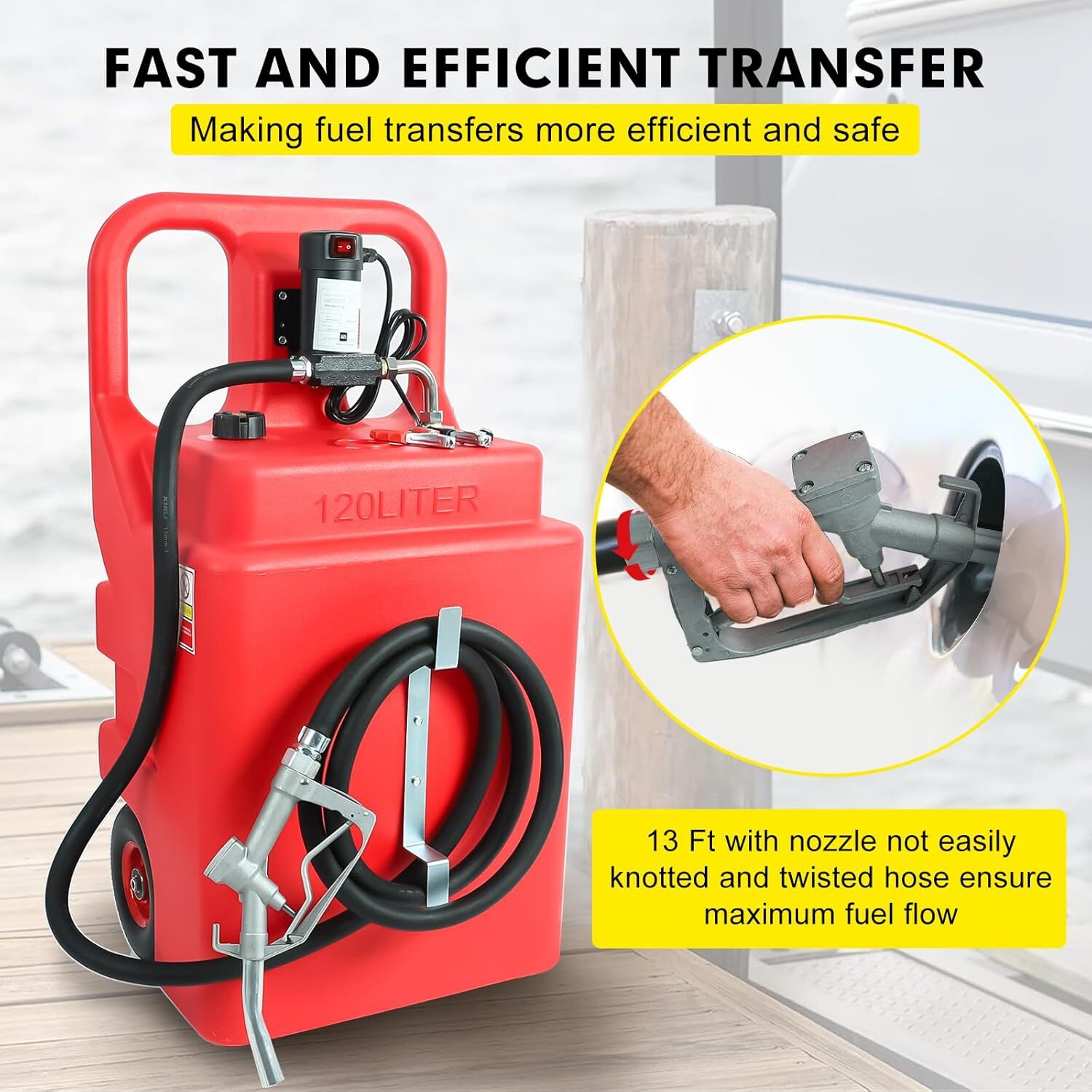 Portable 32 Gallon 120 L Fuel Tank with 12 V Diesel Pump 13 ft Delivery Hose Red