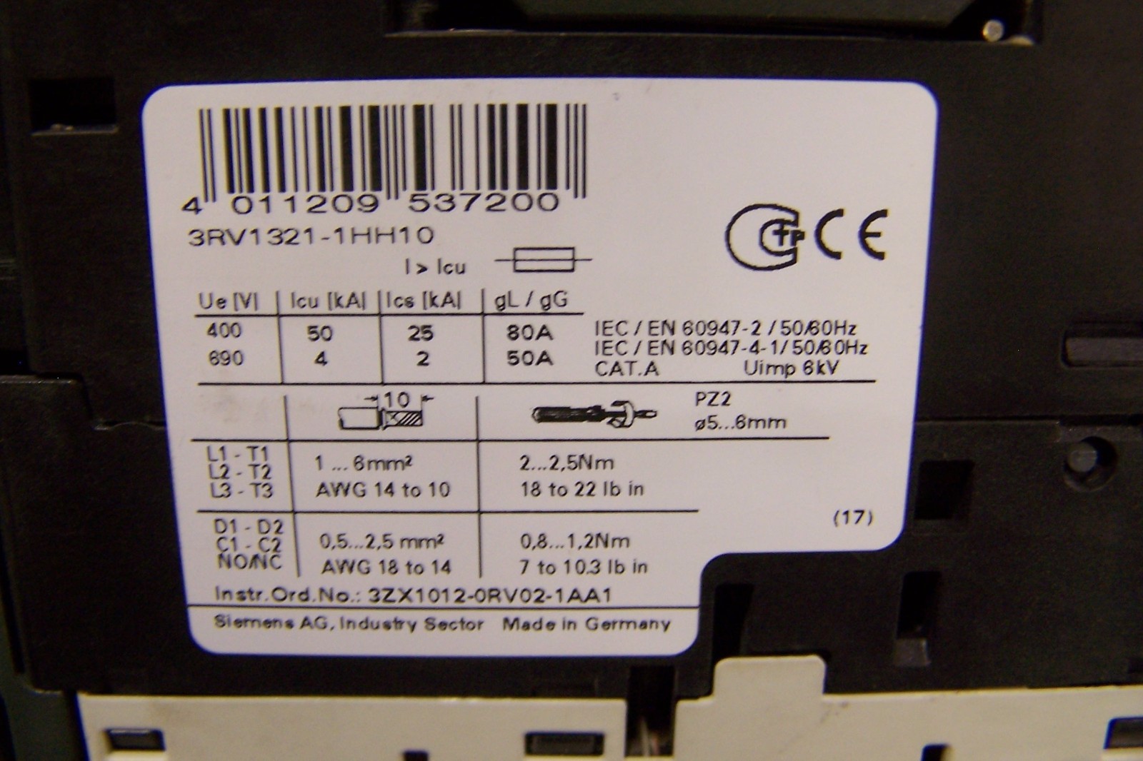 SIEMENS DS1E-X HF COMPACT MOTOR STARTER 2.4-8 AMP 3RV1321-1HH10