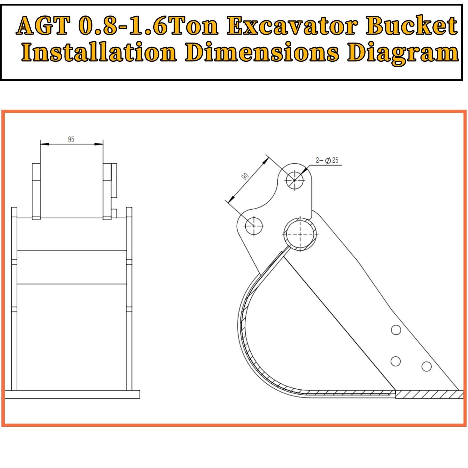 AGT 8in Tooth Bucket Attachment For 1-2 Ton Mini Excavator Digger 25mm Pins Size