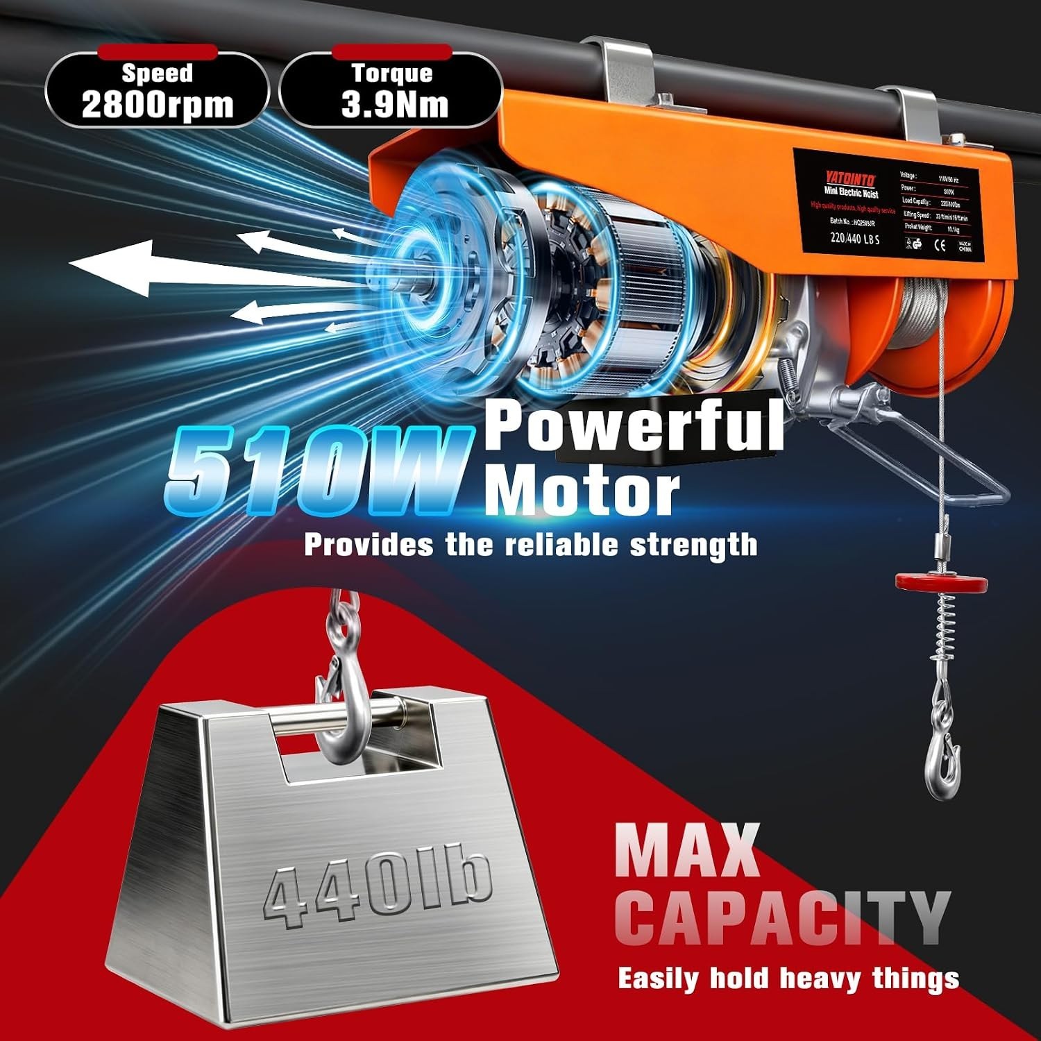 440Lbs Electric Hoist with Remote Control,510W Electric Winch with Zinc-Plate…