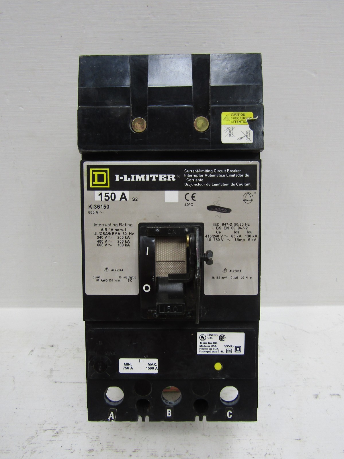Square D KI36150 150 Amp 600V I-Limiter I-Line Circuit Breaker 150A 3-Pole