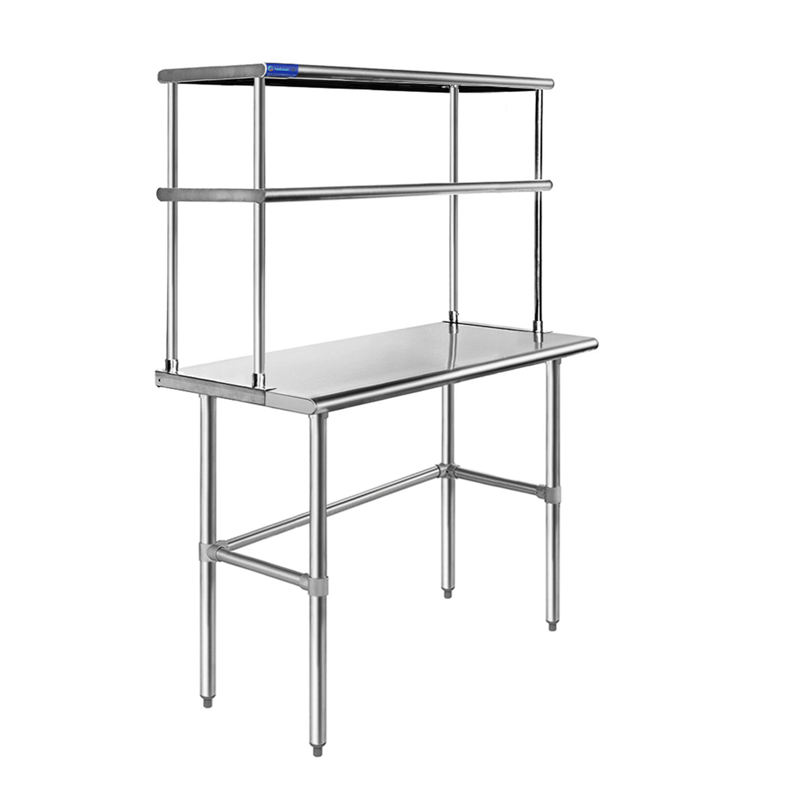 18″ x 48″ Stainless Steel Open Base Table With 12″ Wide Double Tier Overshelf