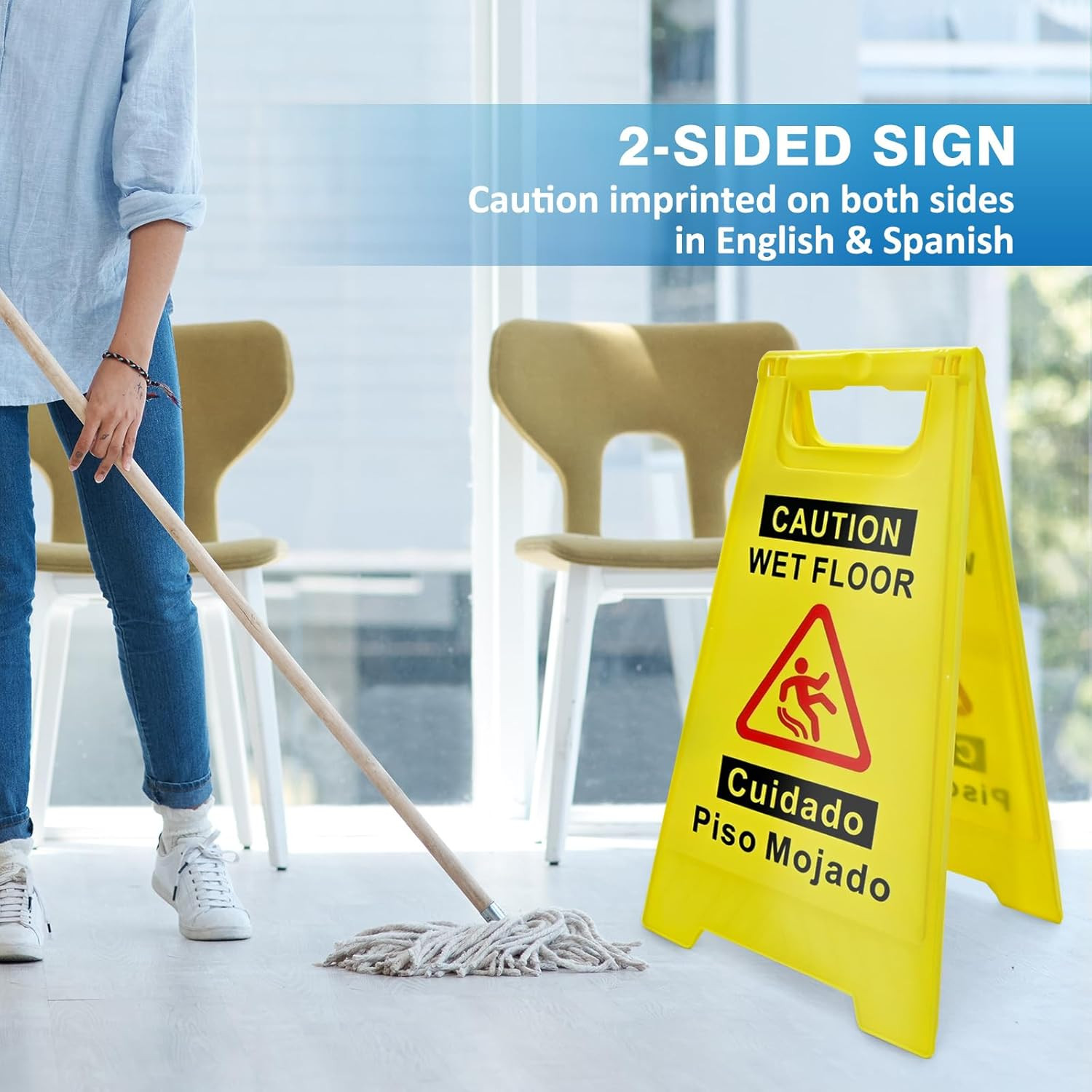 2-Pack Caution Wet Floor Sign 17.5 Height Bright Yellow Double-Sided Folding
