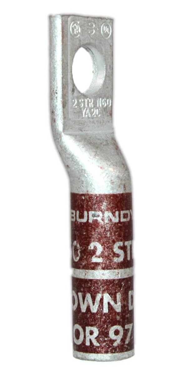 Burndy YA2CN Compression Lug 2 AWG 1 Hole 1/2 Inch Stud Long Barrel Copper