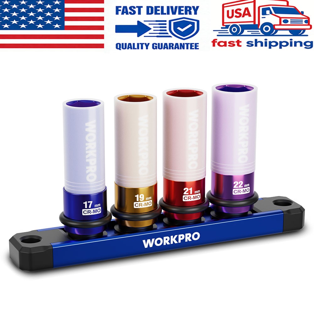 WORKPRO 4 Pcs 1/2″ Drive Lug Nut Impact Duty Socket Set 17-19-21-22mm Deep Thin