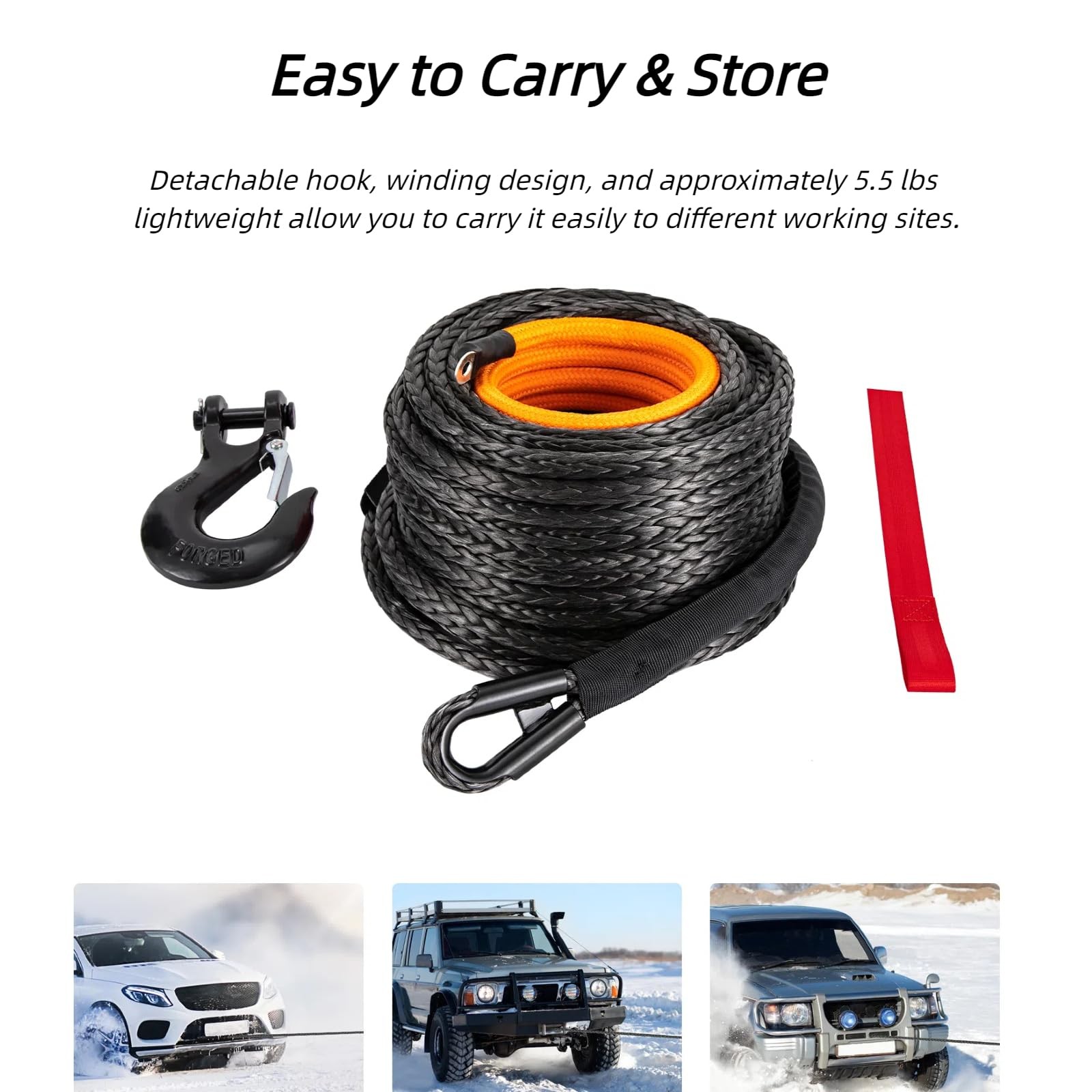 Synthetic Winch Rope 1/2″ x 92ft 31500lbs Dyneema Sleeve Hook Truck ATV SUV