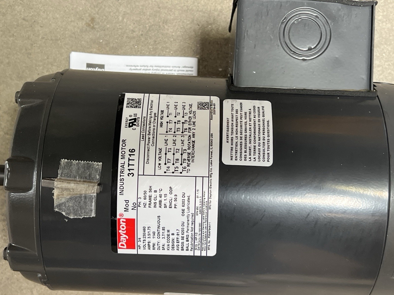 DAYTON 31TT16 General Purpose Motor 3/4 HP 1,140RPM 230/460V AC Open Drip Proof