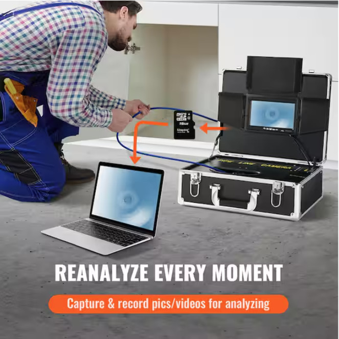 Vevor Sewer Pipeline Inspection Camera 7 in. Screen 98 ft with DVR 16GB SD Card