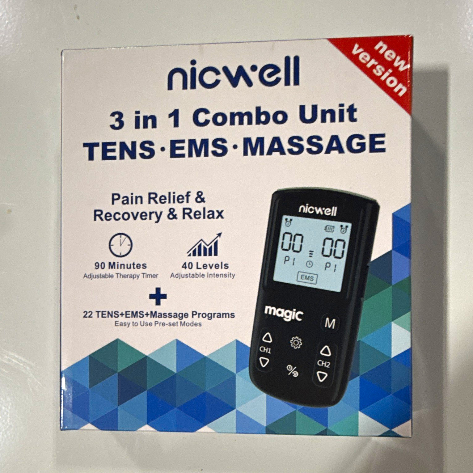 nicwell Magic 3-in-1 Handheld TENS/EMS Unit 2-Channel Physical Rehab Massage