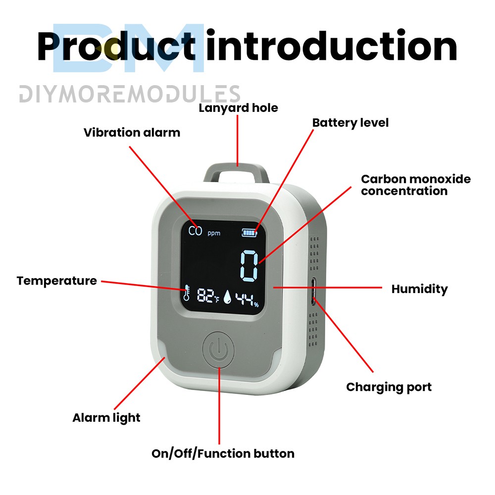 Air Quality Monitor 3-in-1 Carbon Monoxide Detector Temperature Humidity Alarm