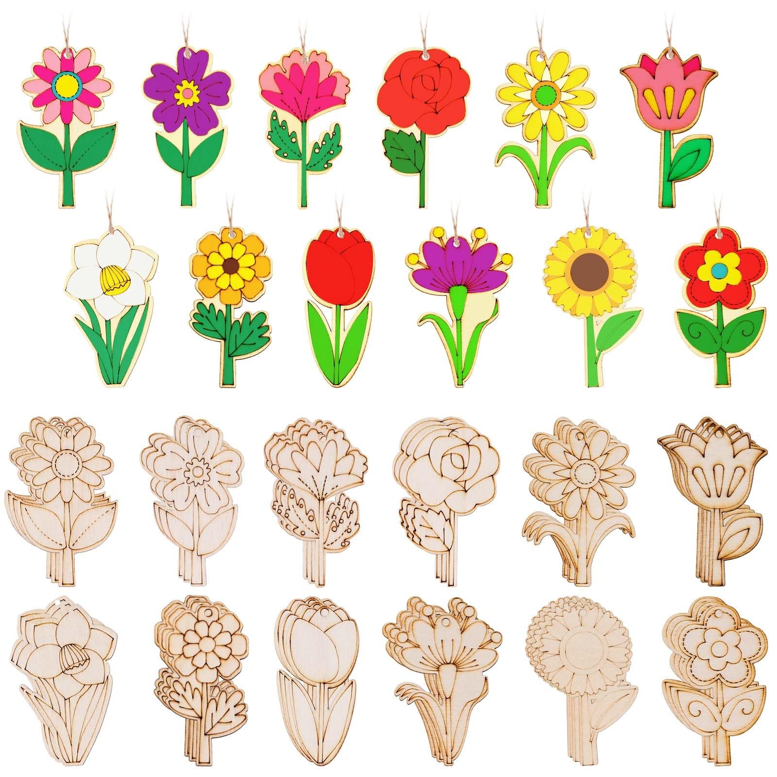 48pcs Unfinished Wood Spring Flowers Cut Outs, Kids’ M, as the picture shows