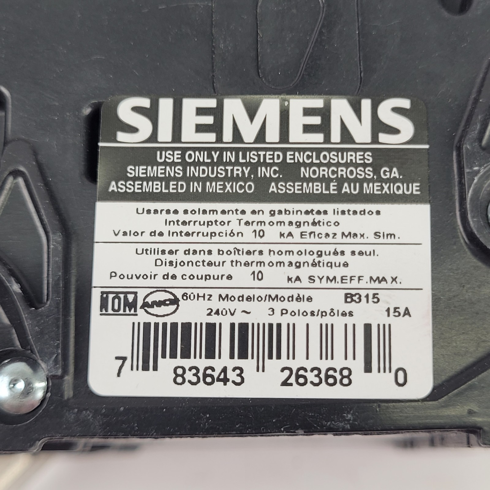 Lot of 4 – Siemens B315 Circuit Breaker, 15A, 3P, 240VAC, 10kA@240VAC – USED