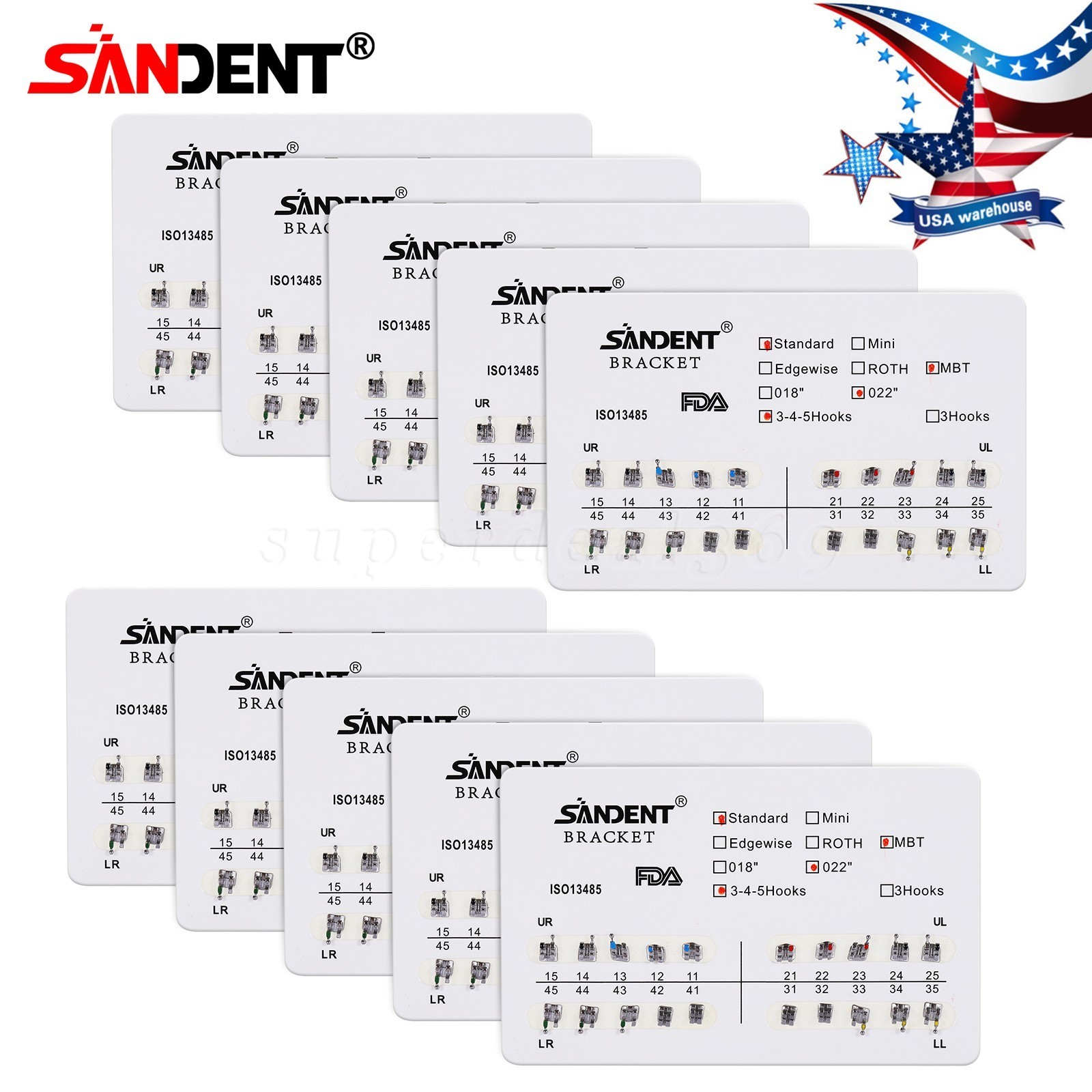 10 kits Dental Orthodontic Braces Brackets Standard MBT 022″Slot 345 Hooks YBB