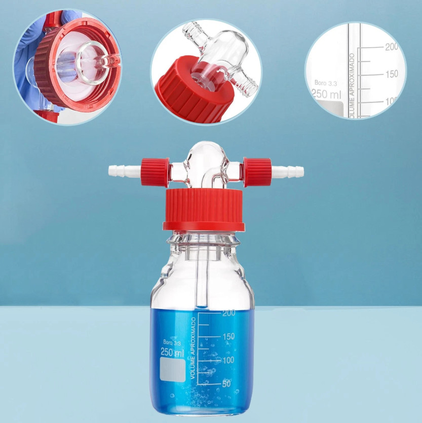 250mL/500mL Lab Gas Washing Bottle, Lab Glassware, Drechsel Head, GL45 Mouth New