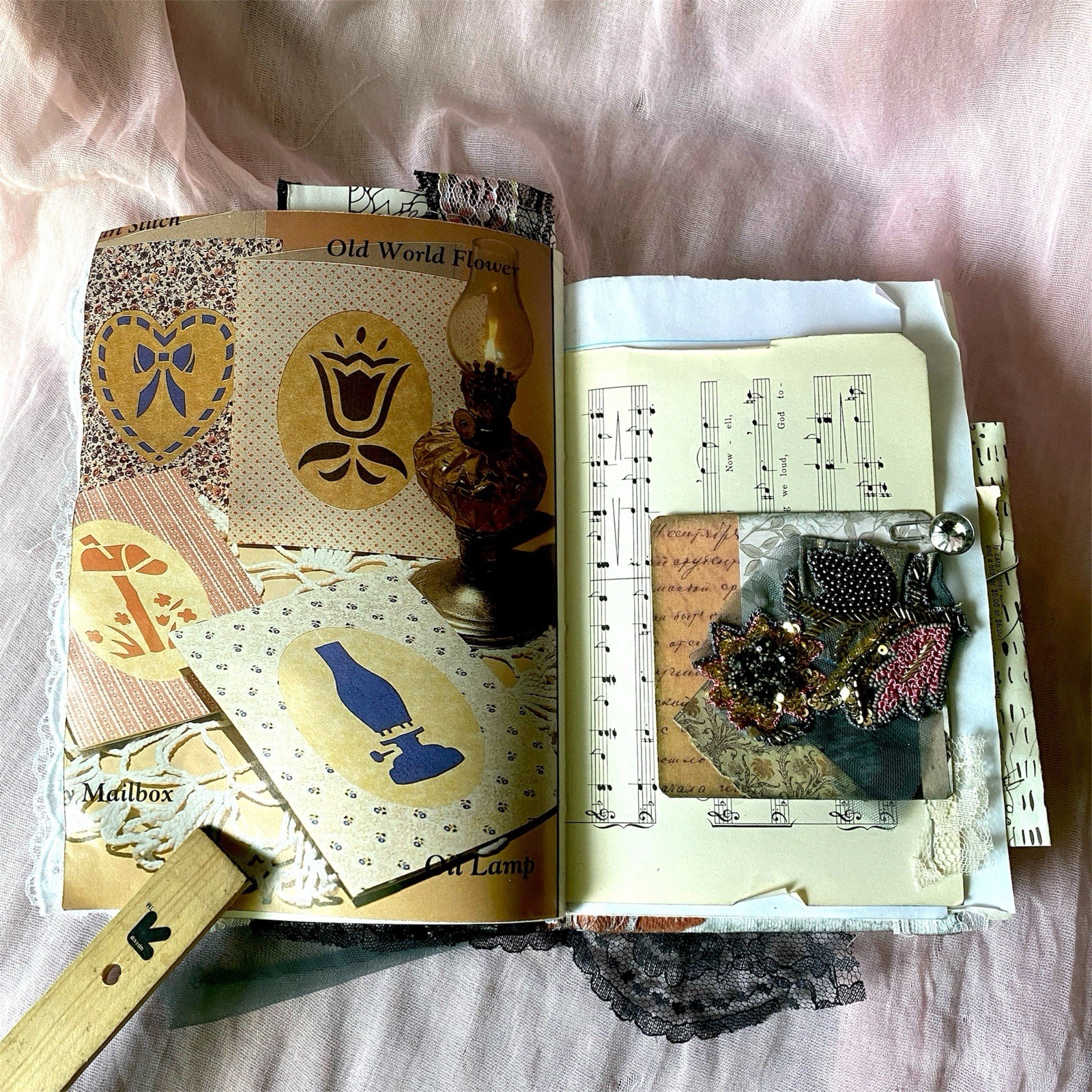 Handmade Authentic Vintage Junk Journal Book 90 Pgs Layered Lace Pockets Diary
