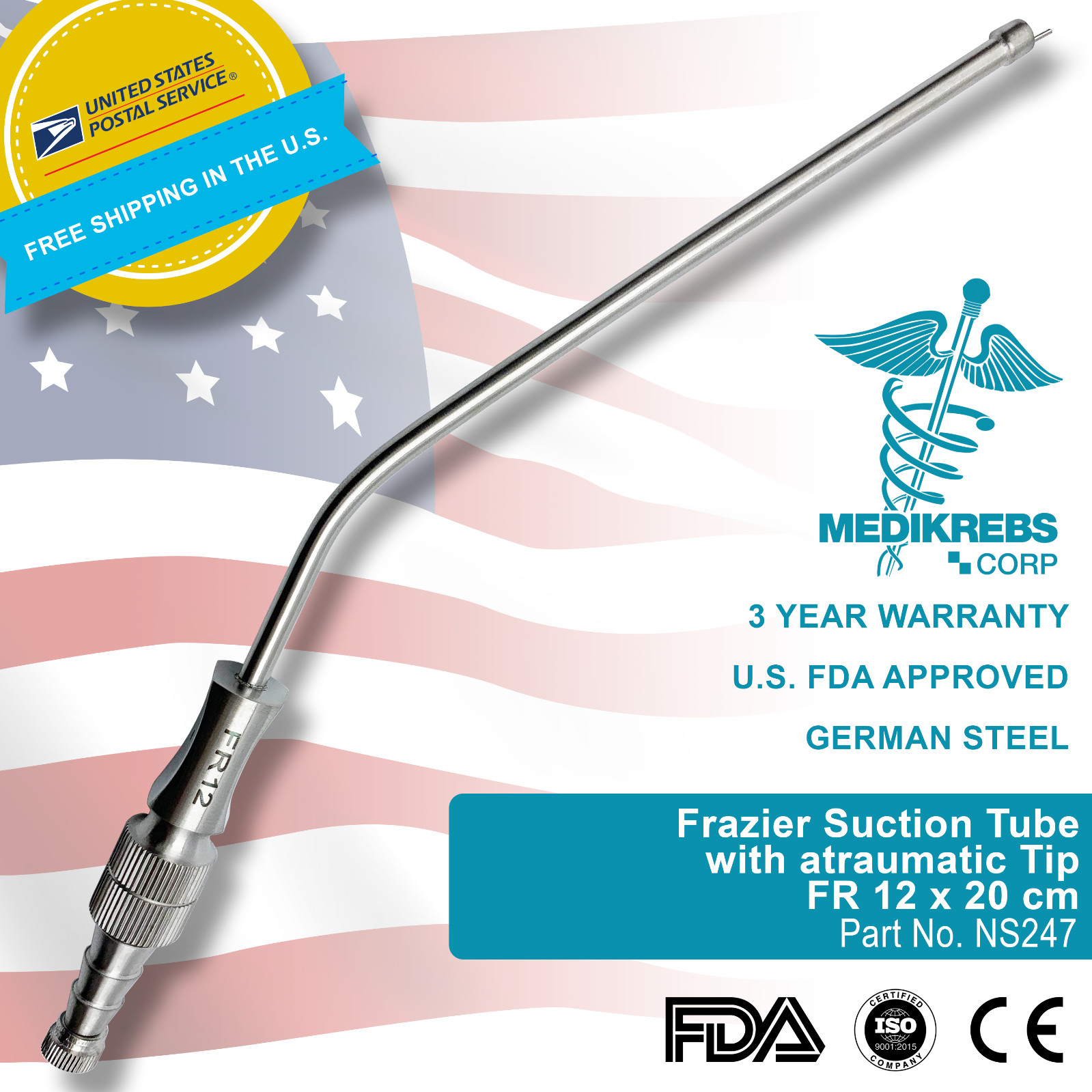 Frazier Suction Tube with atraumatic Tip FR 12 x 20 cm Surgical Instruments