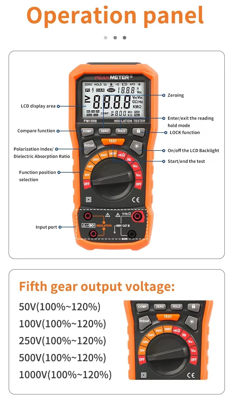 Handheld Insulation Resistance Tester 1000V 100GΩ Multimeter Voltmeter PI DAR