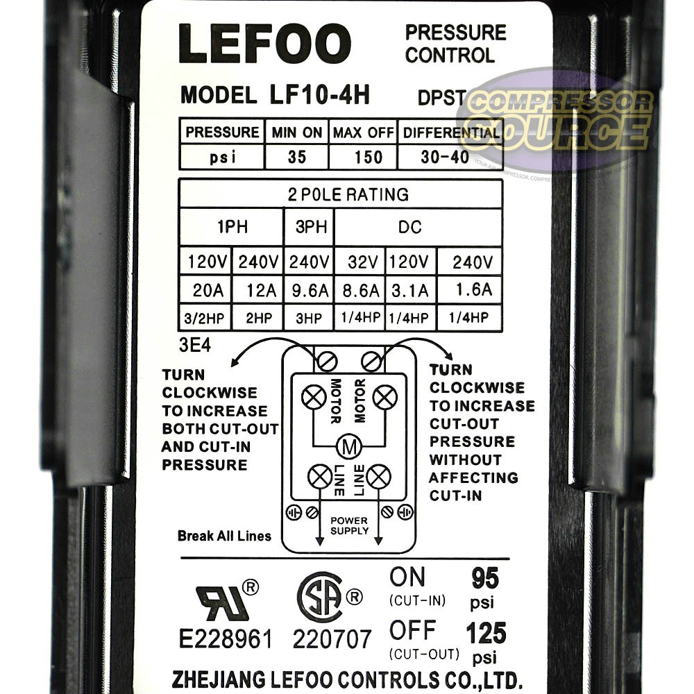 Lefoo 95-125 PSI Air Compressor Pressure Switch 1/4″ Female NPT 4 Port LF10-L4H