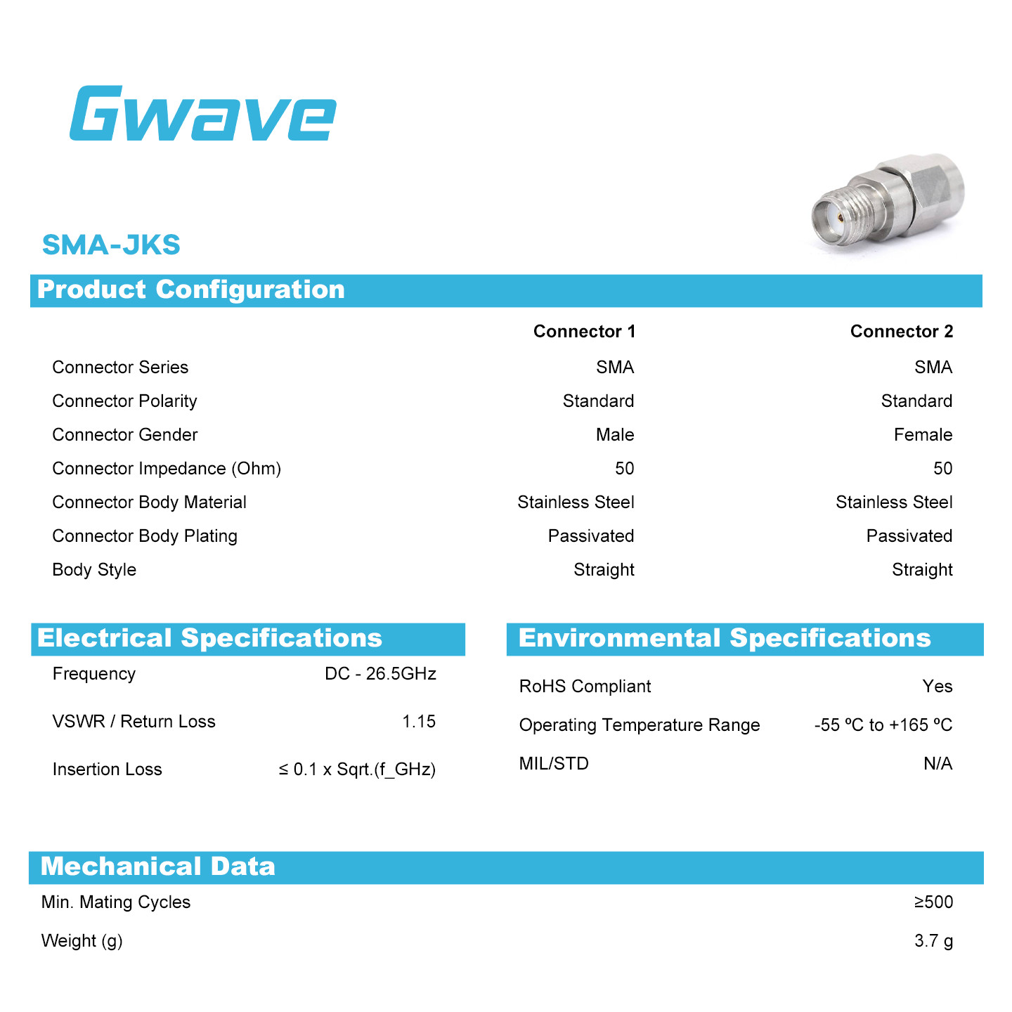 SMA Male to SMA Female Adapter, DC – 26.5GHz