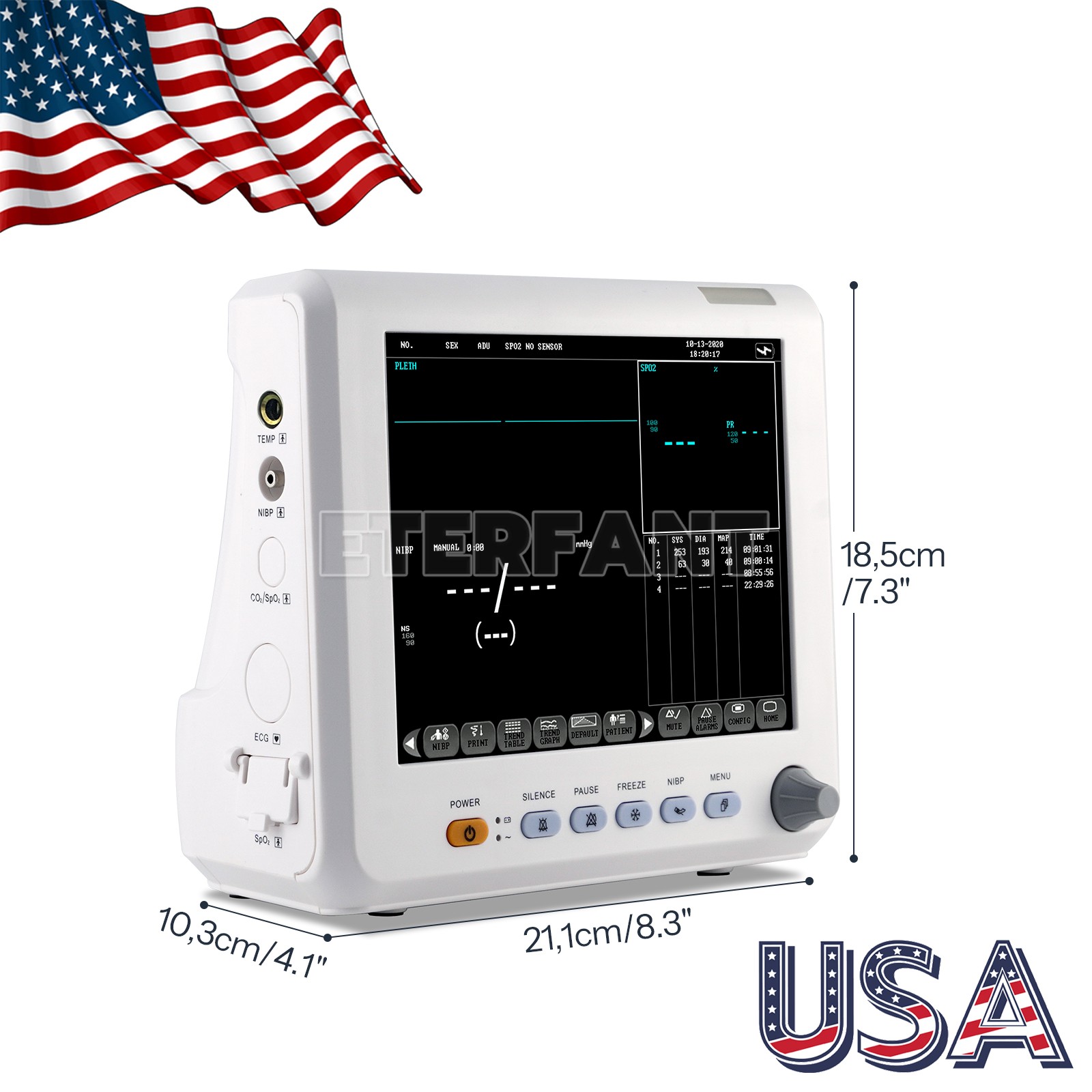 ETERFANT 8″ Patient Monitor ICU CCU Vital Sign For Hospital NIBP, SPO2, PR,TEMP