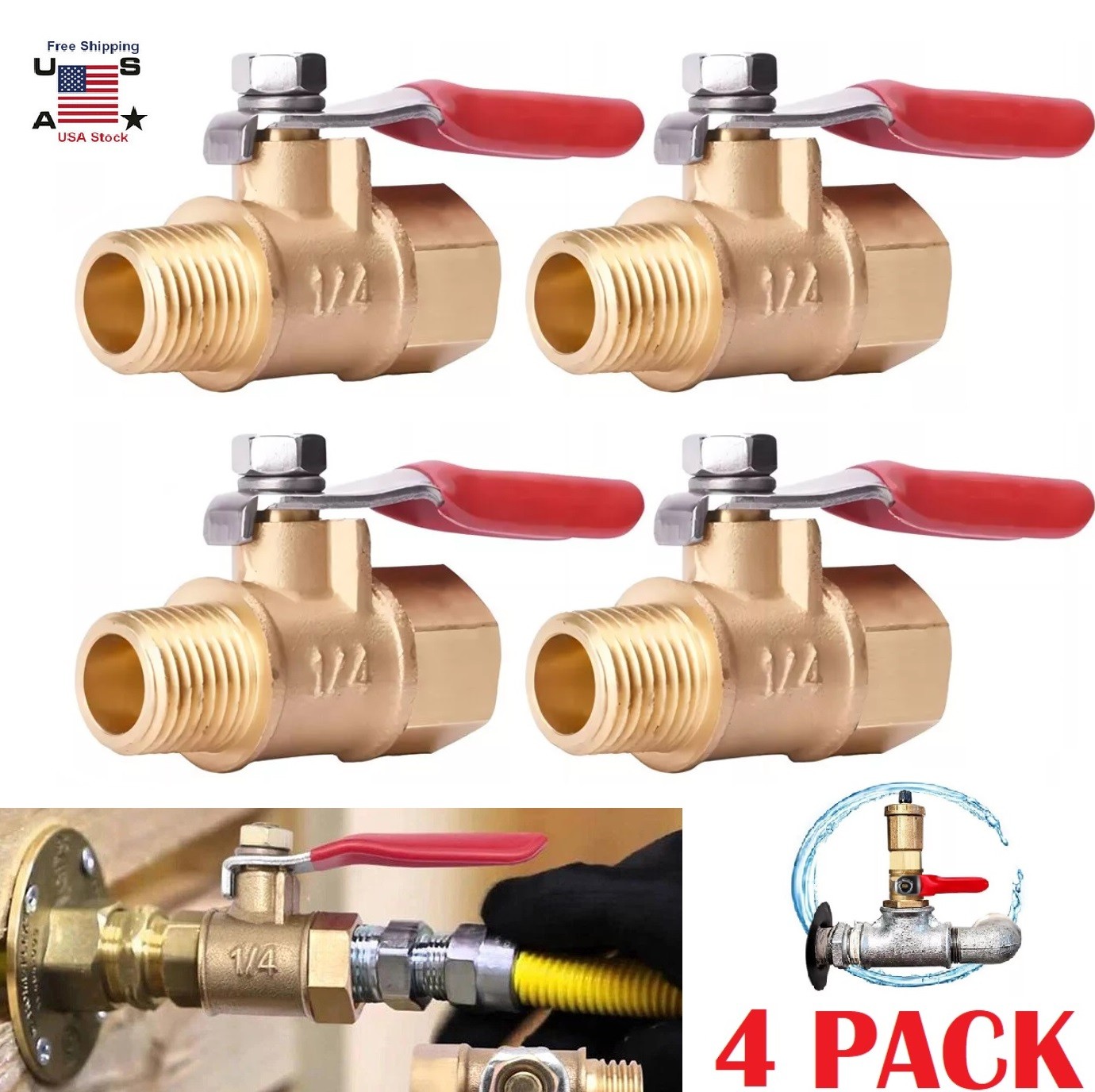 4PCS 1/4″ Male Female NPT Brass Ball Valve Water Air Tank Drain Shut Off USA