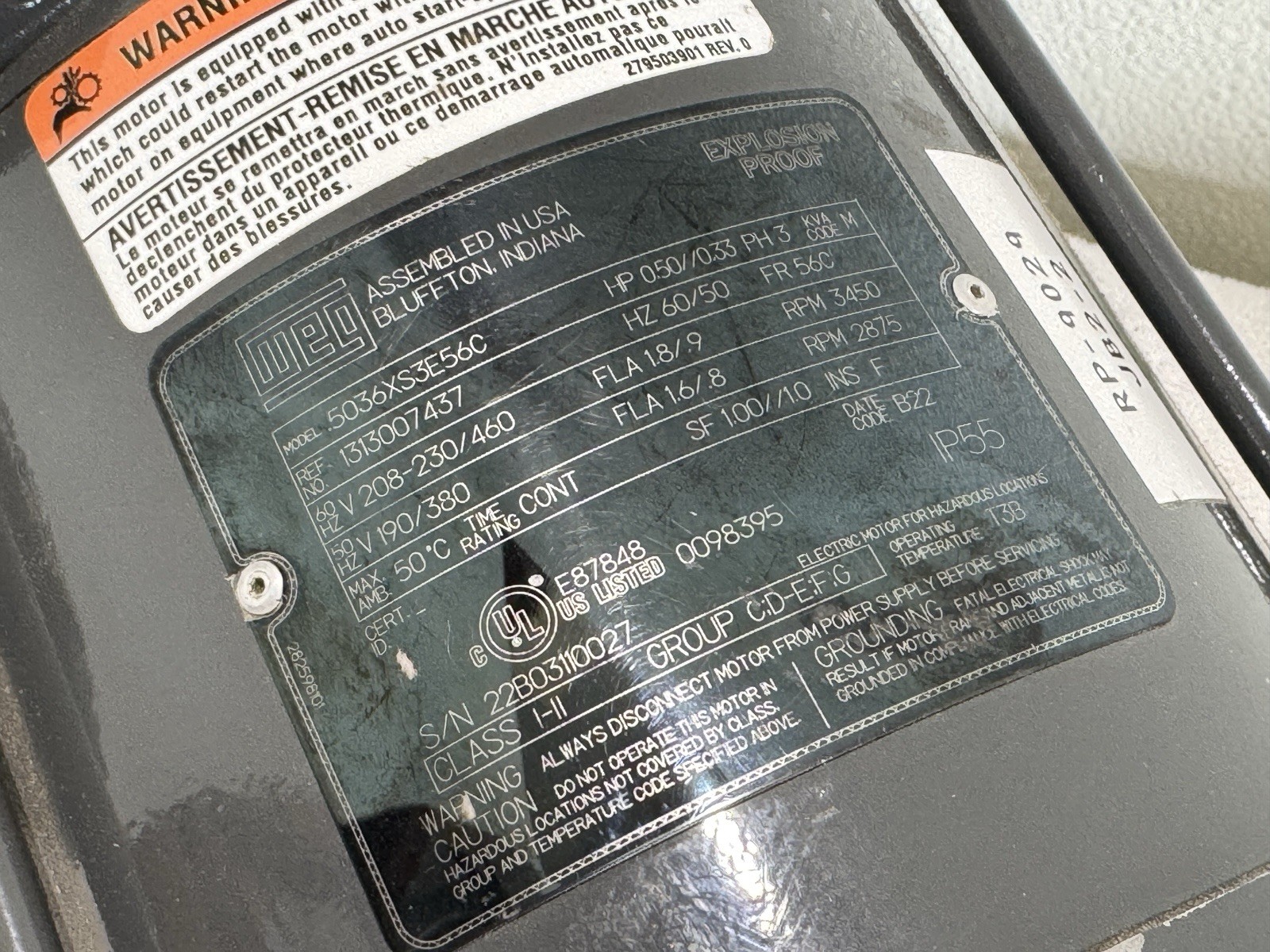 Weg Electric Motor .5036XS3E56C .50/0.33 3-phase Fr: 56C – Explosion Proof