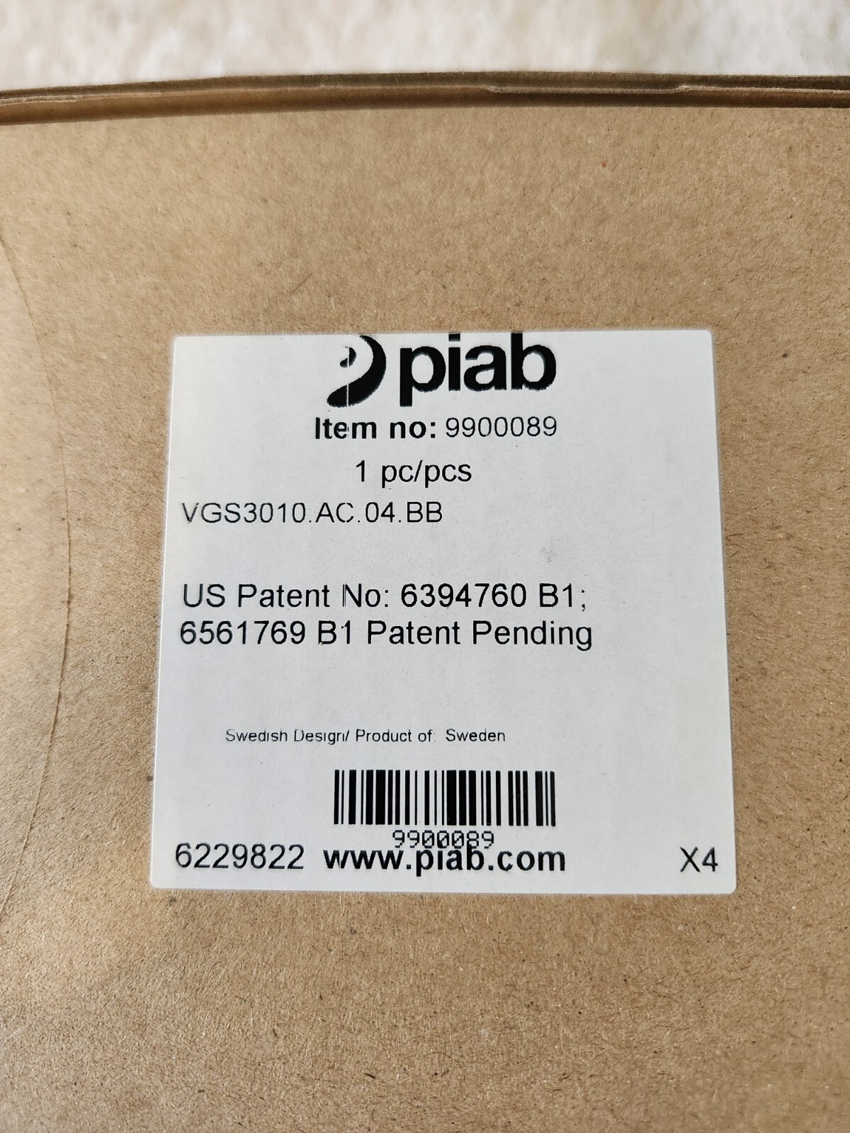 PIAB 9900089 vacuum generator w/ suction cup B75.