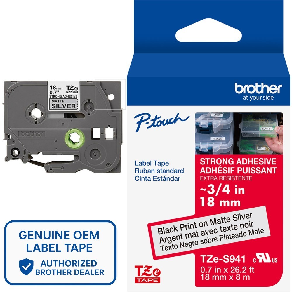 Genuine Brother TZe-S941 Strong Adhesive Black on Silver 18mm 3/4″ Label Tape